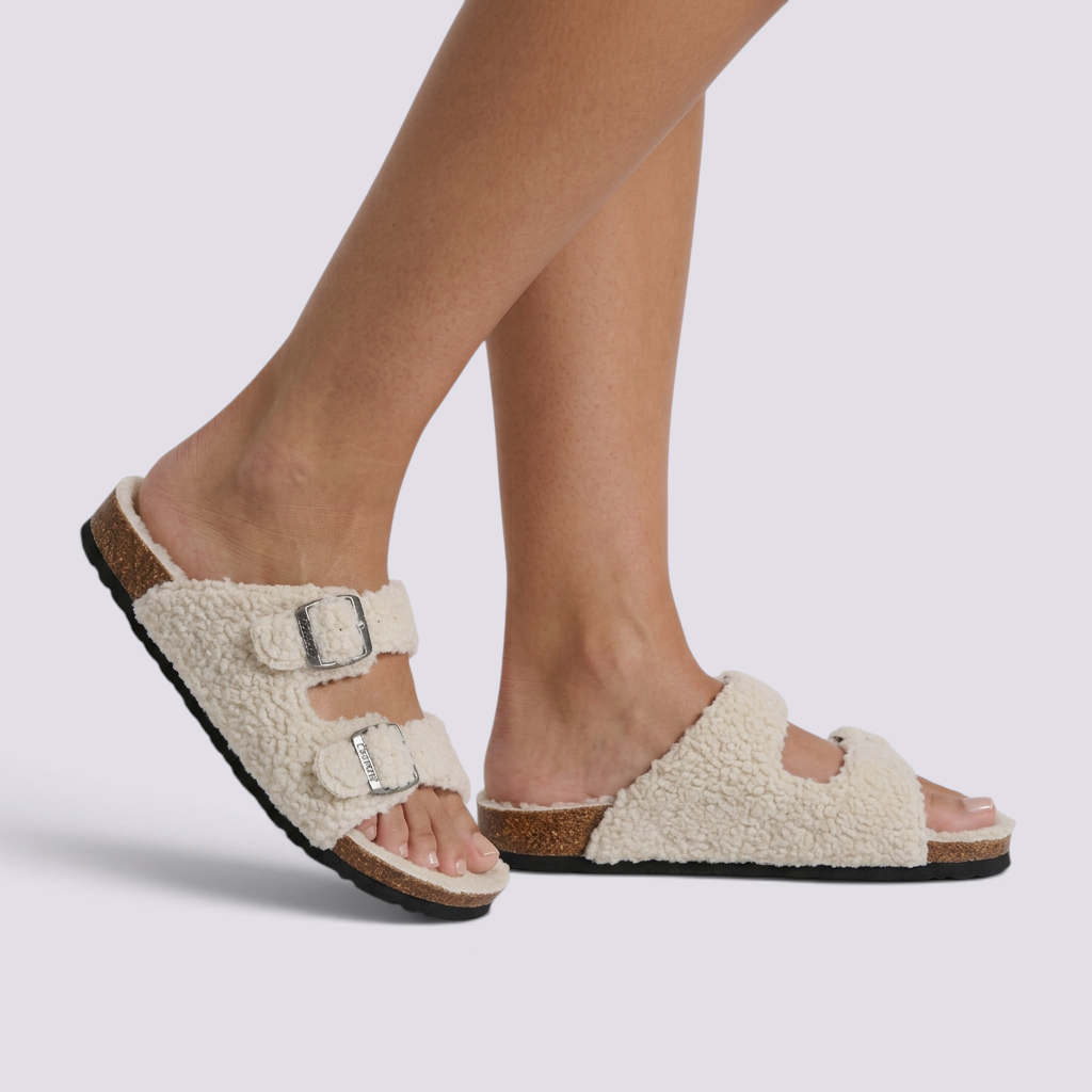 Sandalias Mujer Borreguito con Hebillas - Blanco vista lateral