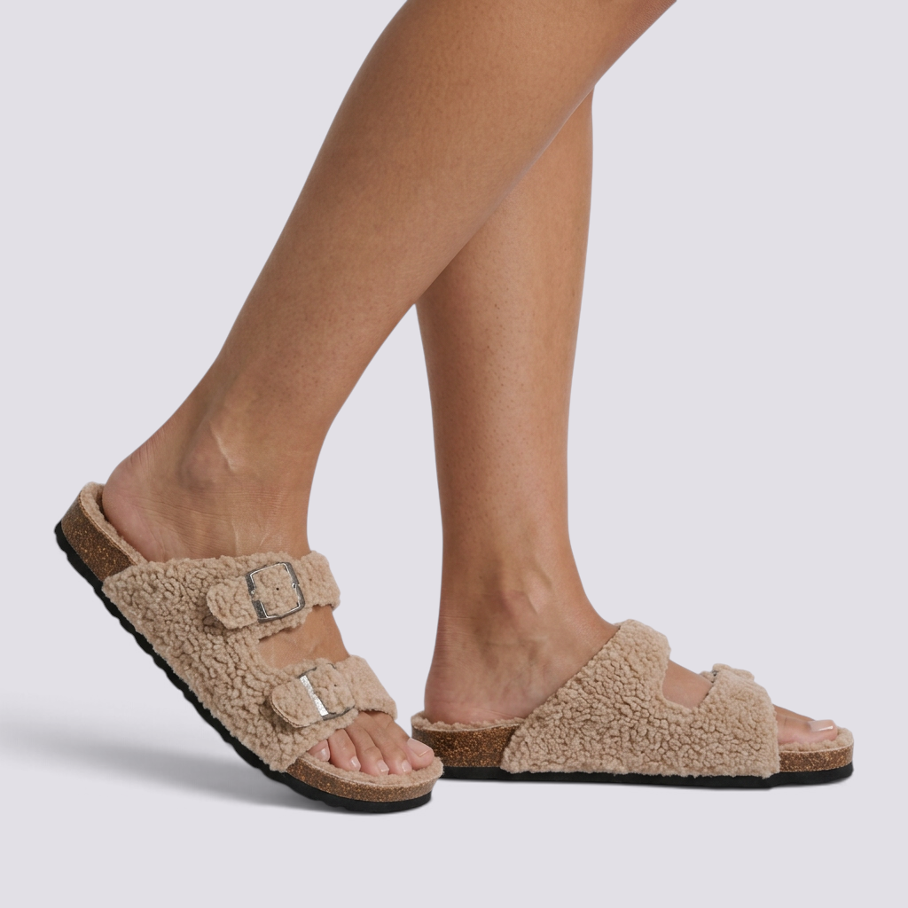 Sandalias Mujer Borreguito con Hebillas - Caqui vista lateral