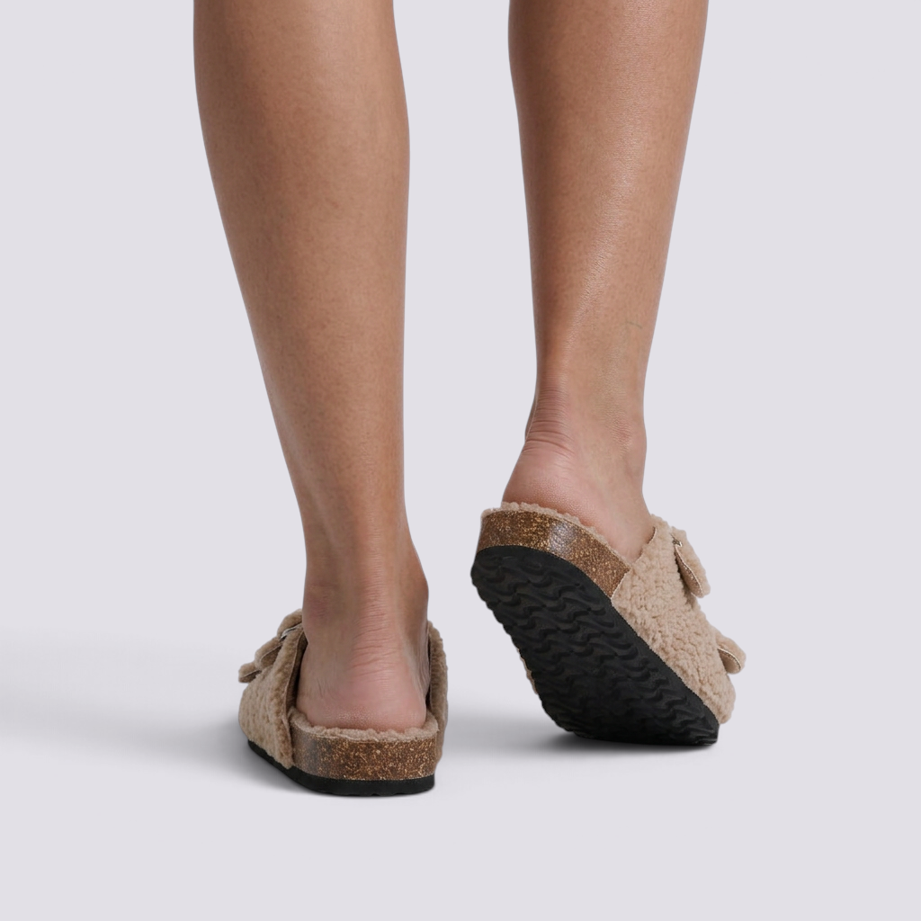 Sandalias Mujer Borreguito con Hebillas - Caqui vista trasera