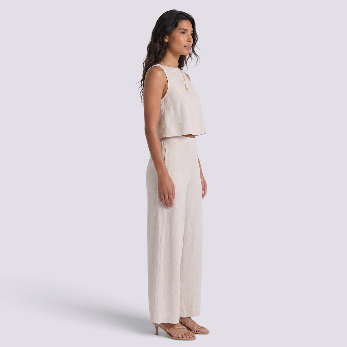 Conjunto Top y Pantalón Ancho Mujer - Beige - Lateral