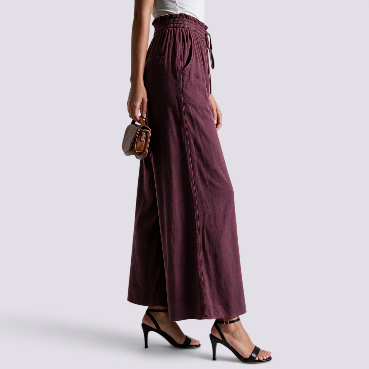 Pantalón Culotte Mujer Cintura Fruncida - Burdeos - Vista lateral