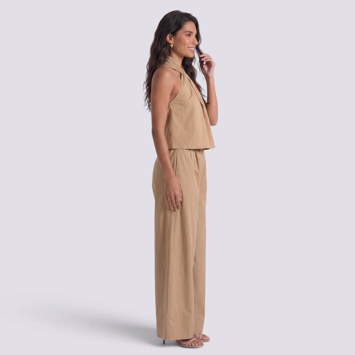 Conjunto Top Sin Mangas Mujer Pantalón Ancho - Caqui - Vista lateral