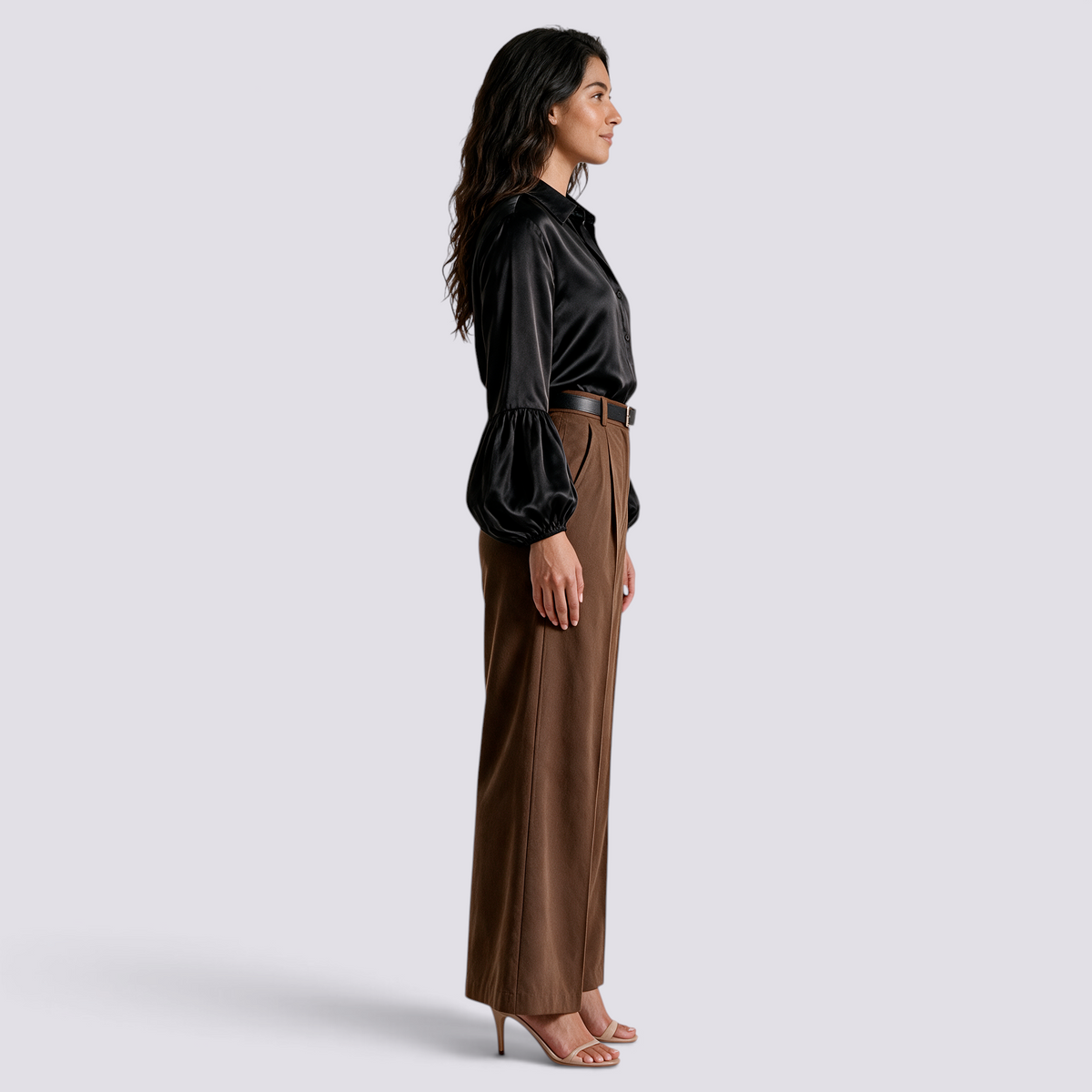 Pantalón Acampanado Mujer Cintura Alta - Marrón - Lateral