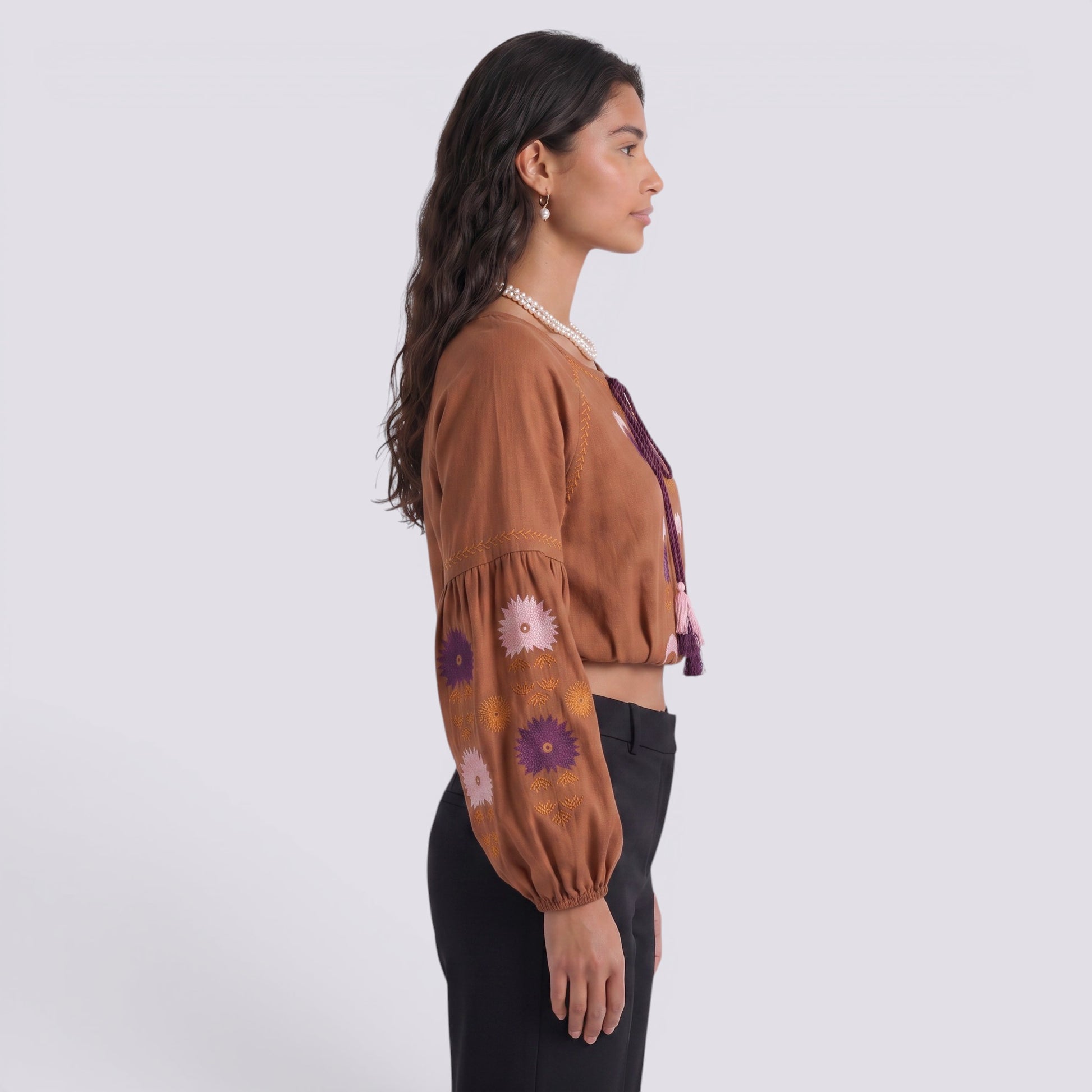 Camisa Bordada Mujer Manga Larga Boho Estilo