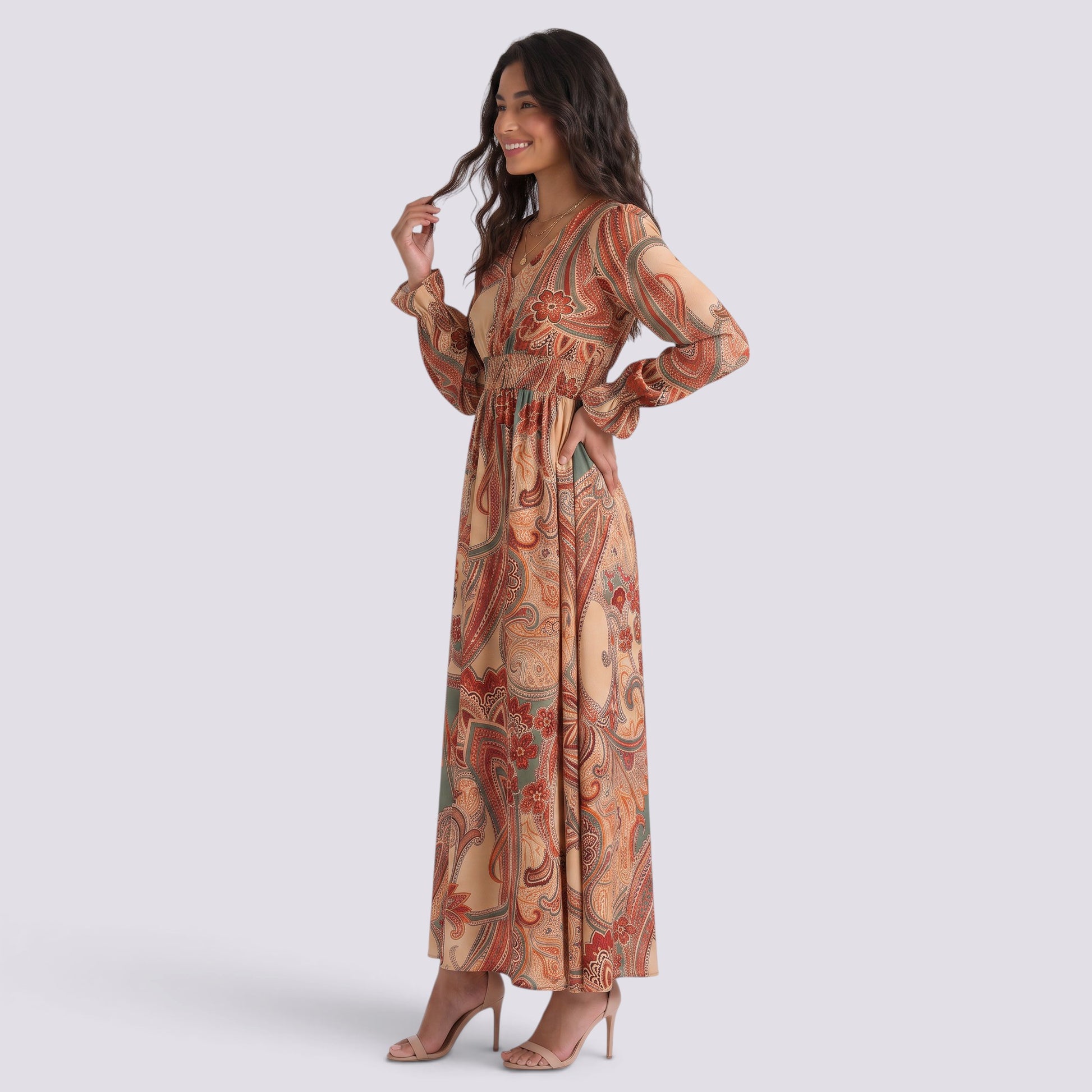 Vestido Estampado Mujer Manga Larga Escote V