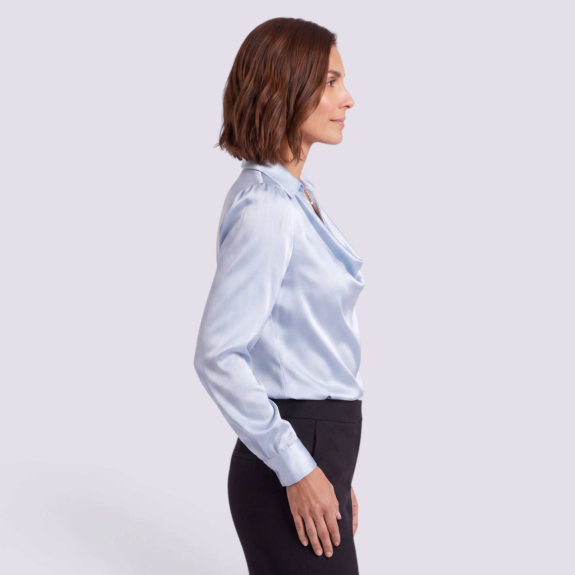 Blusa Mujer Satinada Manga Larga Cuello Drapeado