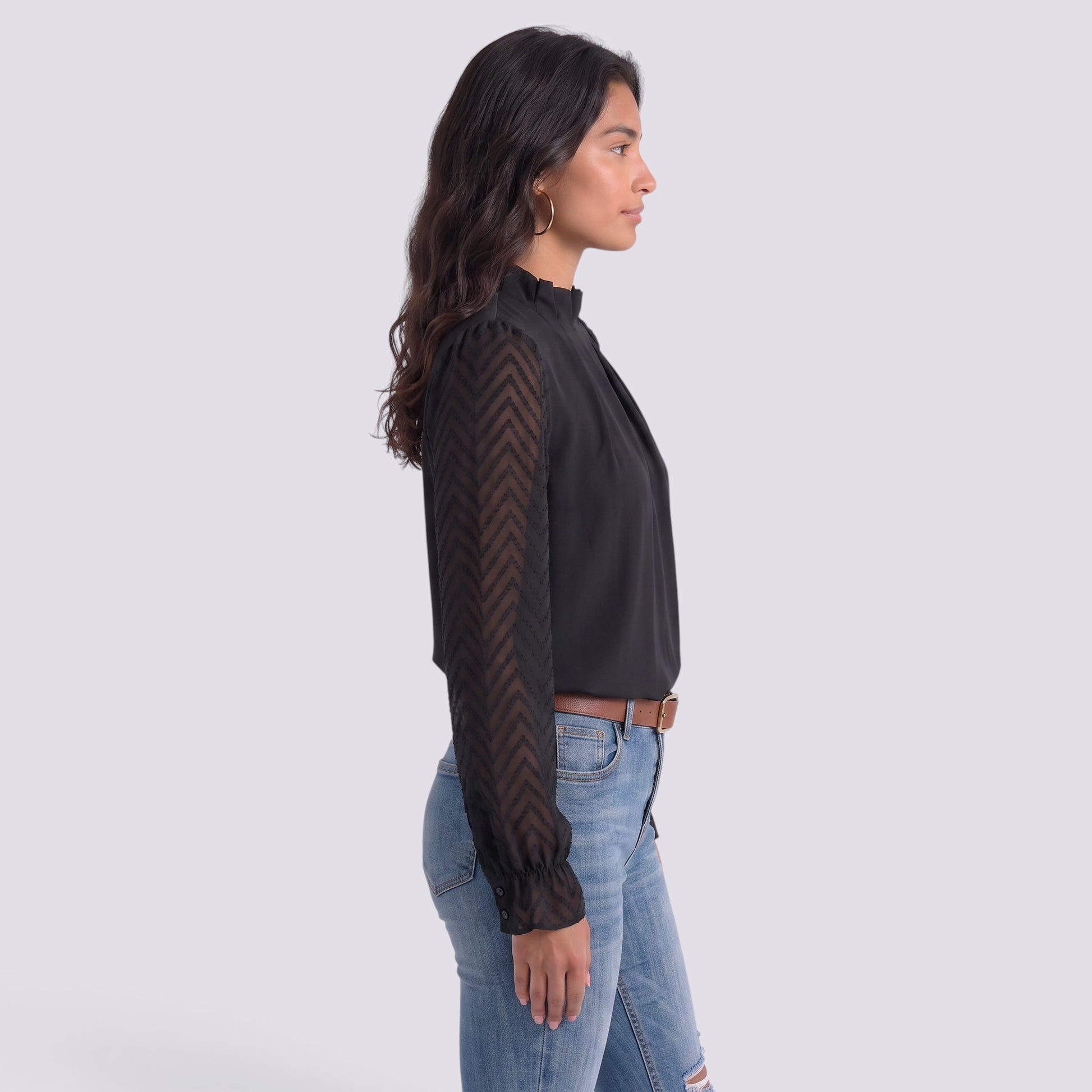 Blusa Mujer Cuello Alto Manga Larga Ondulada