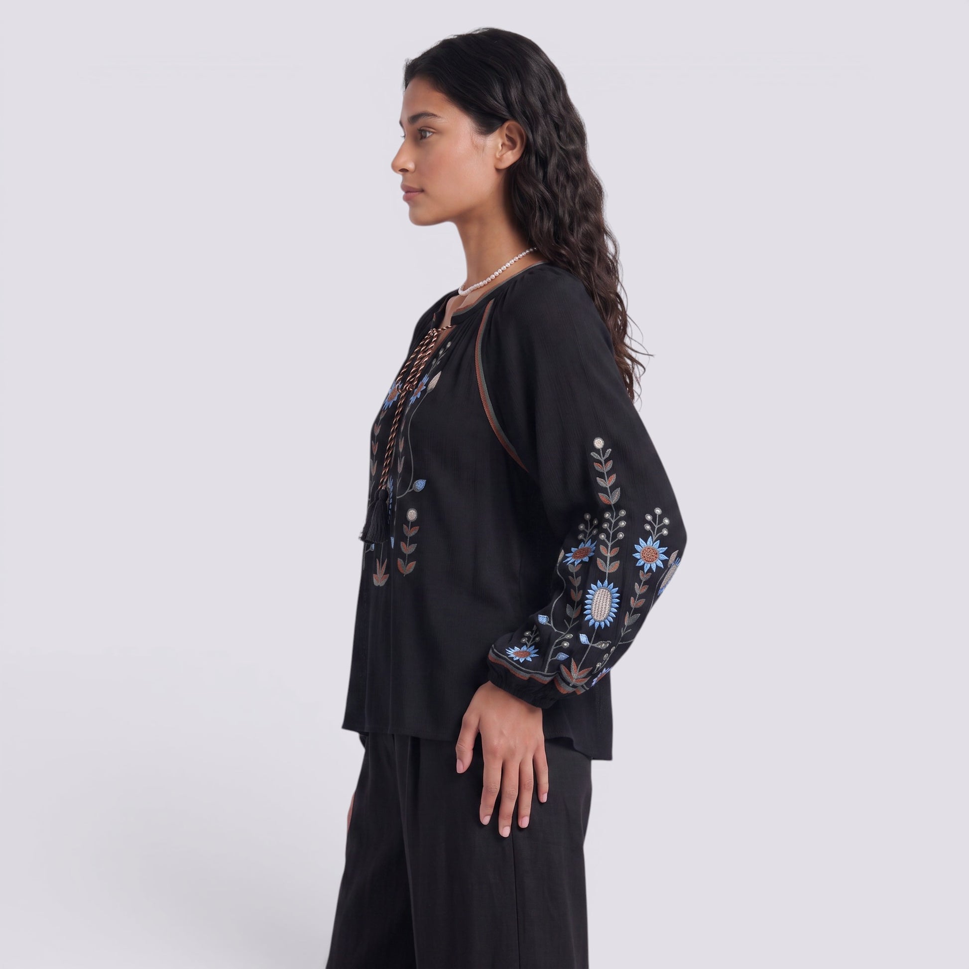 Camisa Mujer Manga Bordada Estilo Boho Abullonada