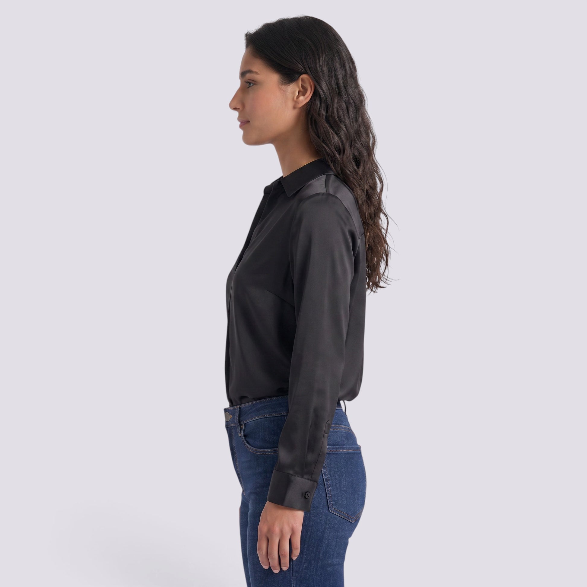Camisa Mujer Satinada Cuello V Manga Larga