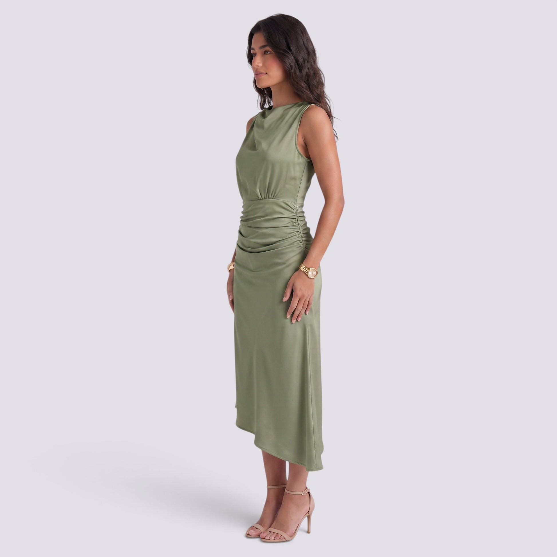 Vestido Ajustado Mujer con Fruncido Cuello Redondo