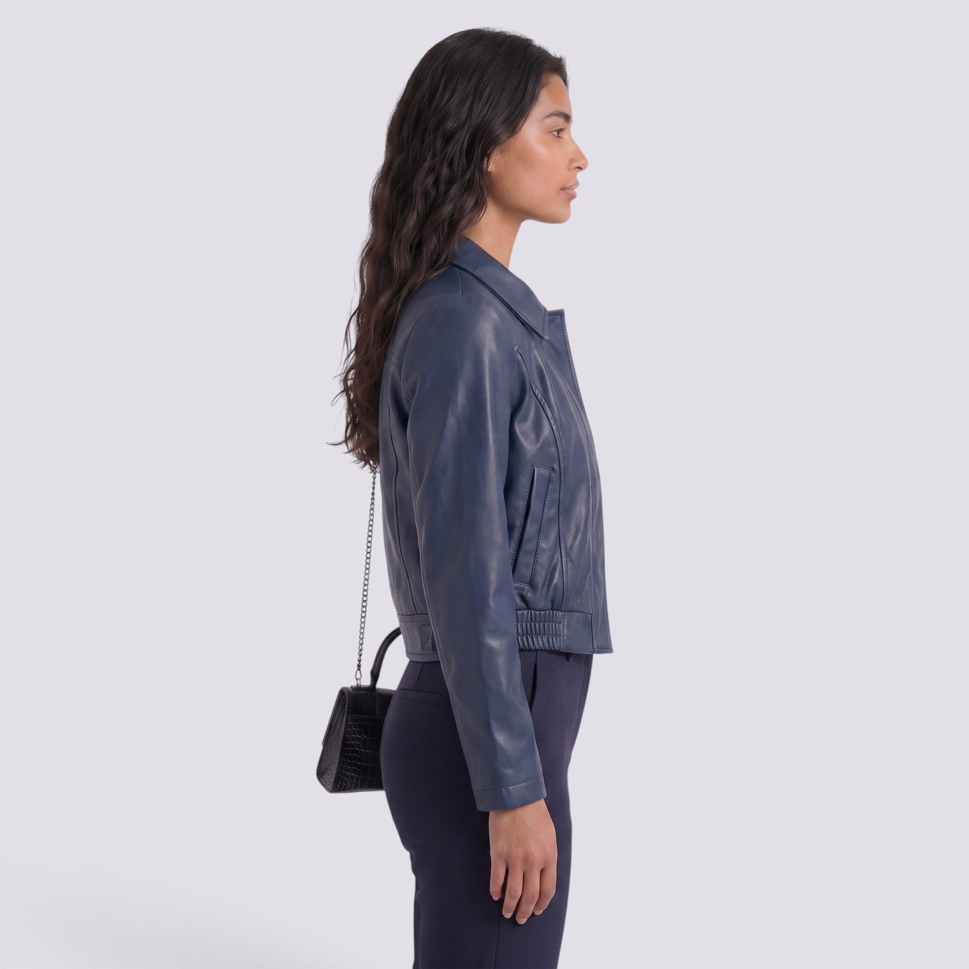 Chaqueta Mujer Corta Efecto Piel Motera Estilo