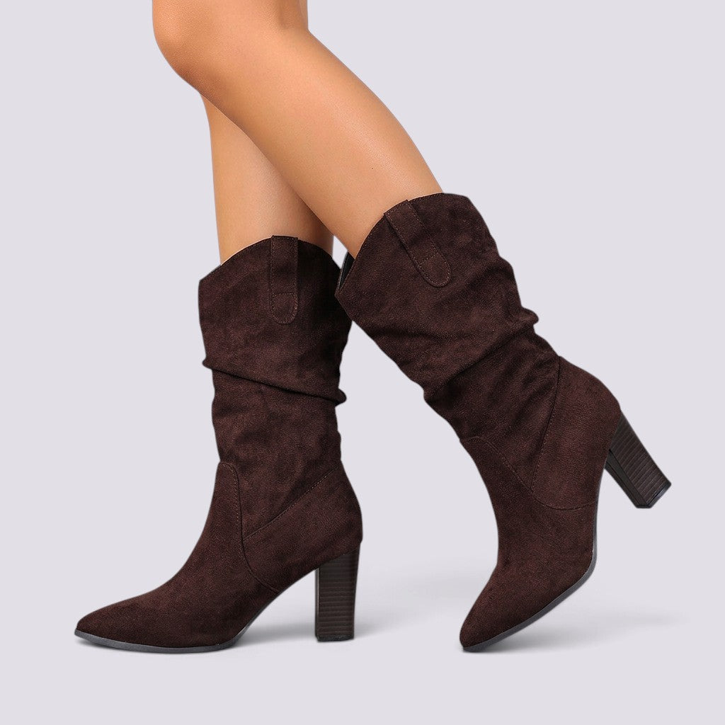 Botas Mujer Ante Tacón Grueso Plisadas