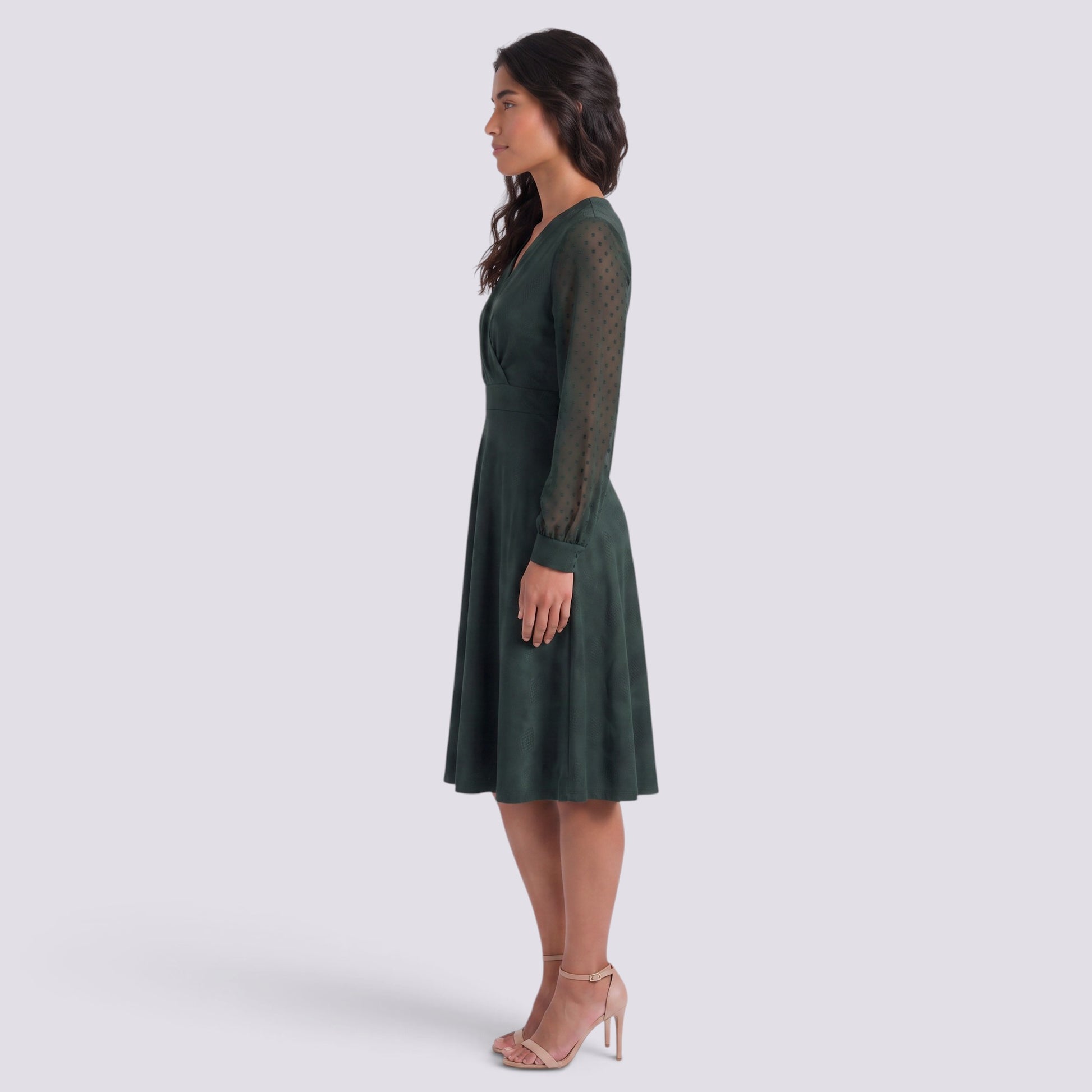 Vestido Mujer Manga Larga Elegante Cuello Pico Jacquard