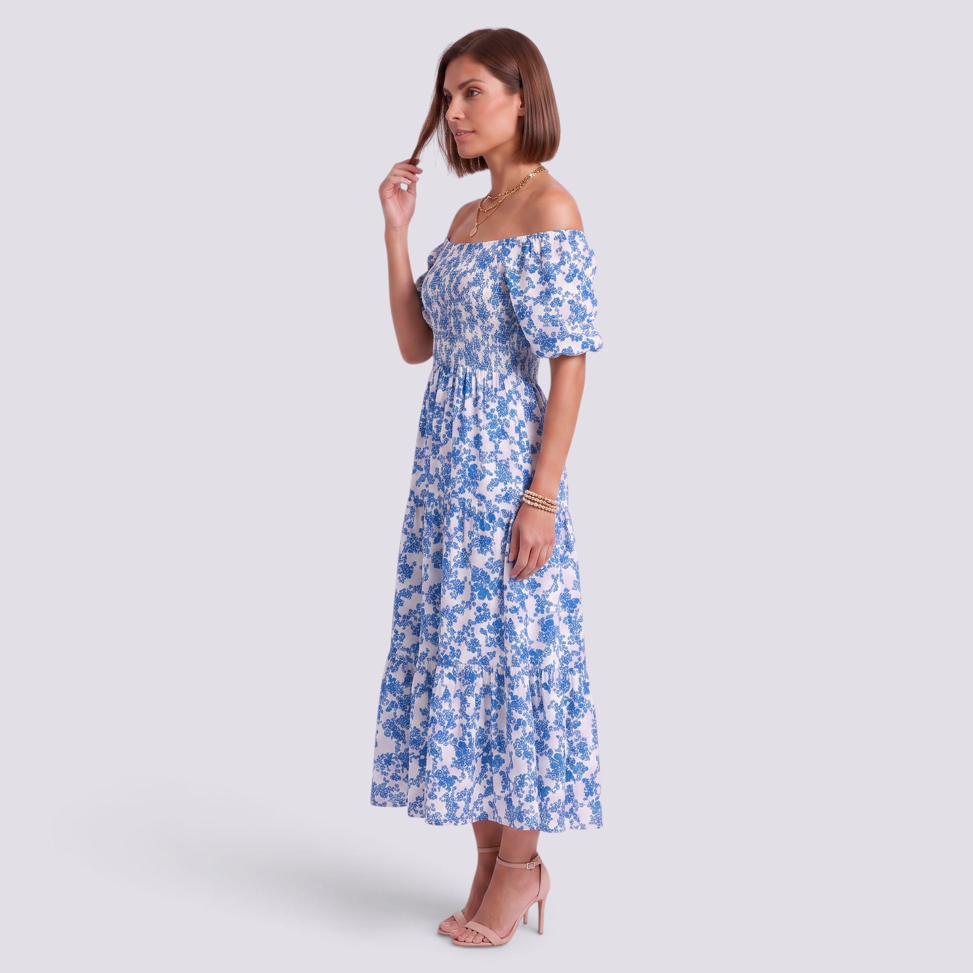 Vestido Floral Mujer Elegante Manga Corta Talle Alto