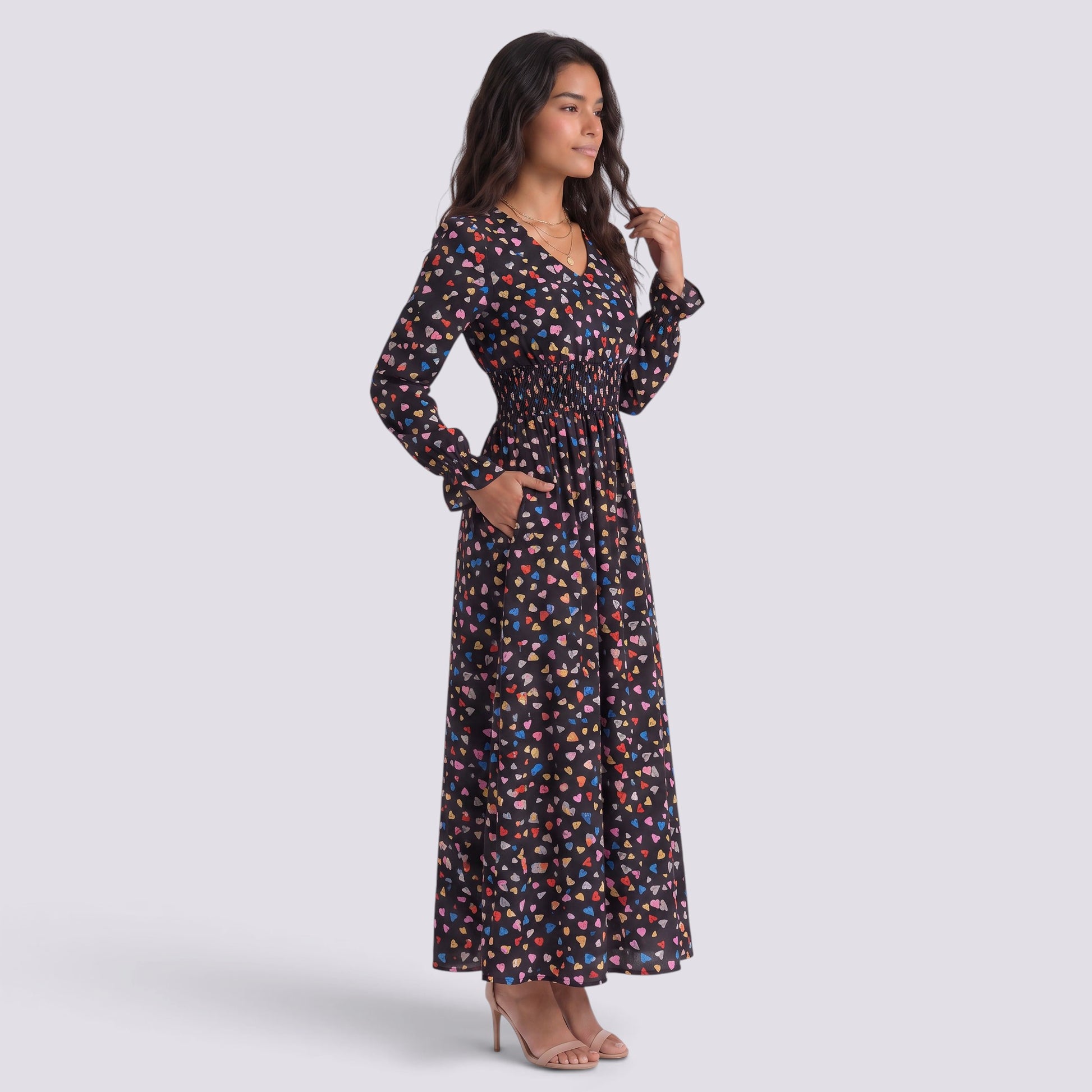 Vestido Estampado Mujer Manga Larga Escote V