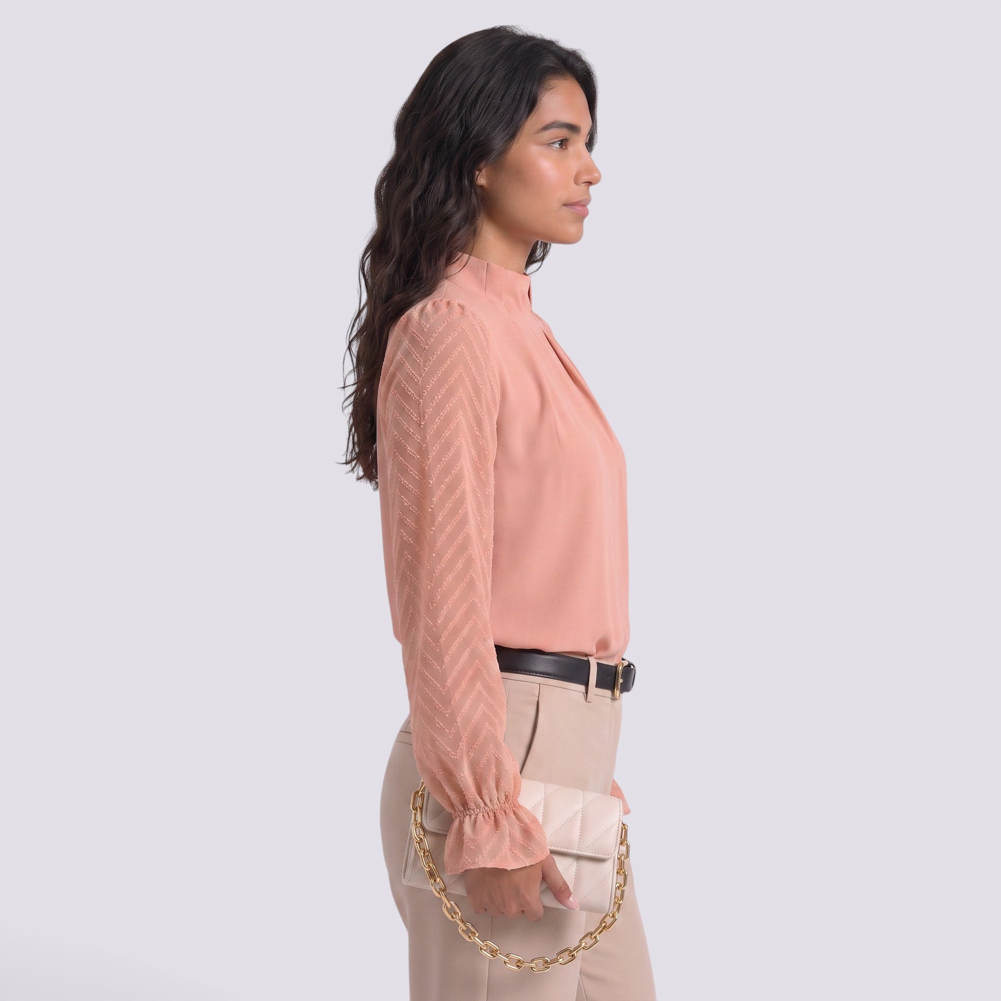 Blusa Mujer Cuello Alto Manga Larga Ondulada