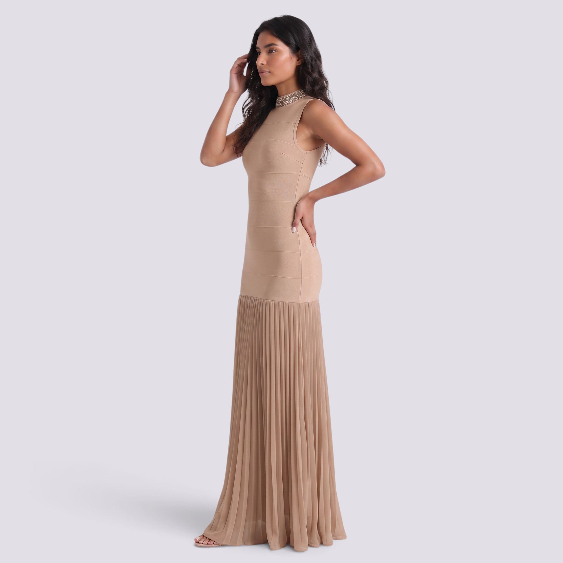Vestido Largo Fiesta Pedrería Cuello Alto