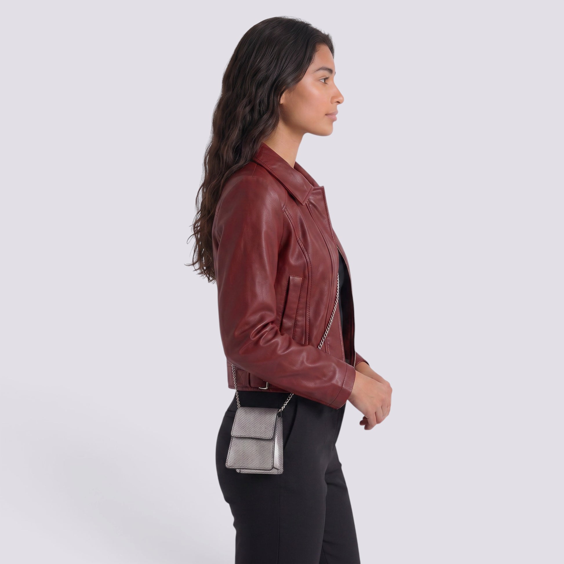 Chaqueta Mujer Corta Efecto Piel Motera Estilo