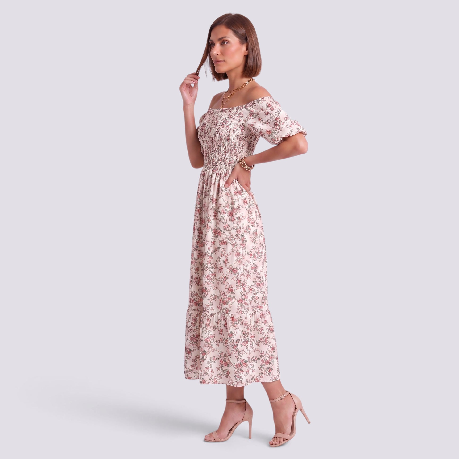 Vestido Floral Mujer Elegante Manga Corta Talle Alto