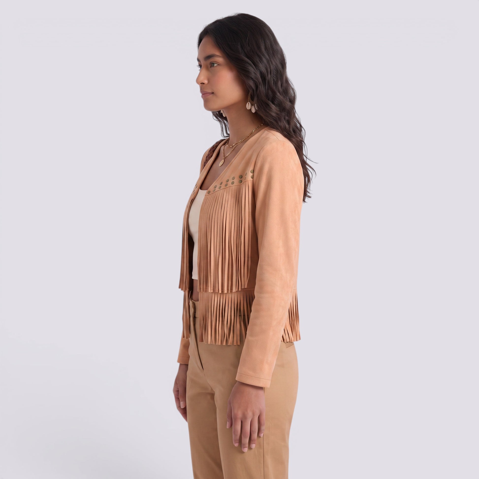 Chaqueta Mujer Corto de Flecos y Tachuelas