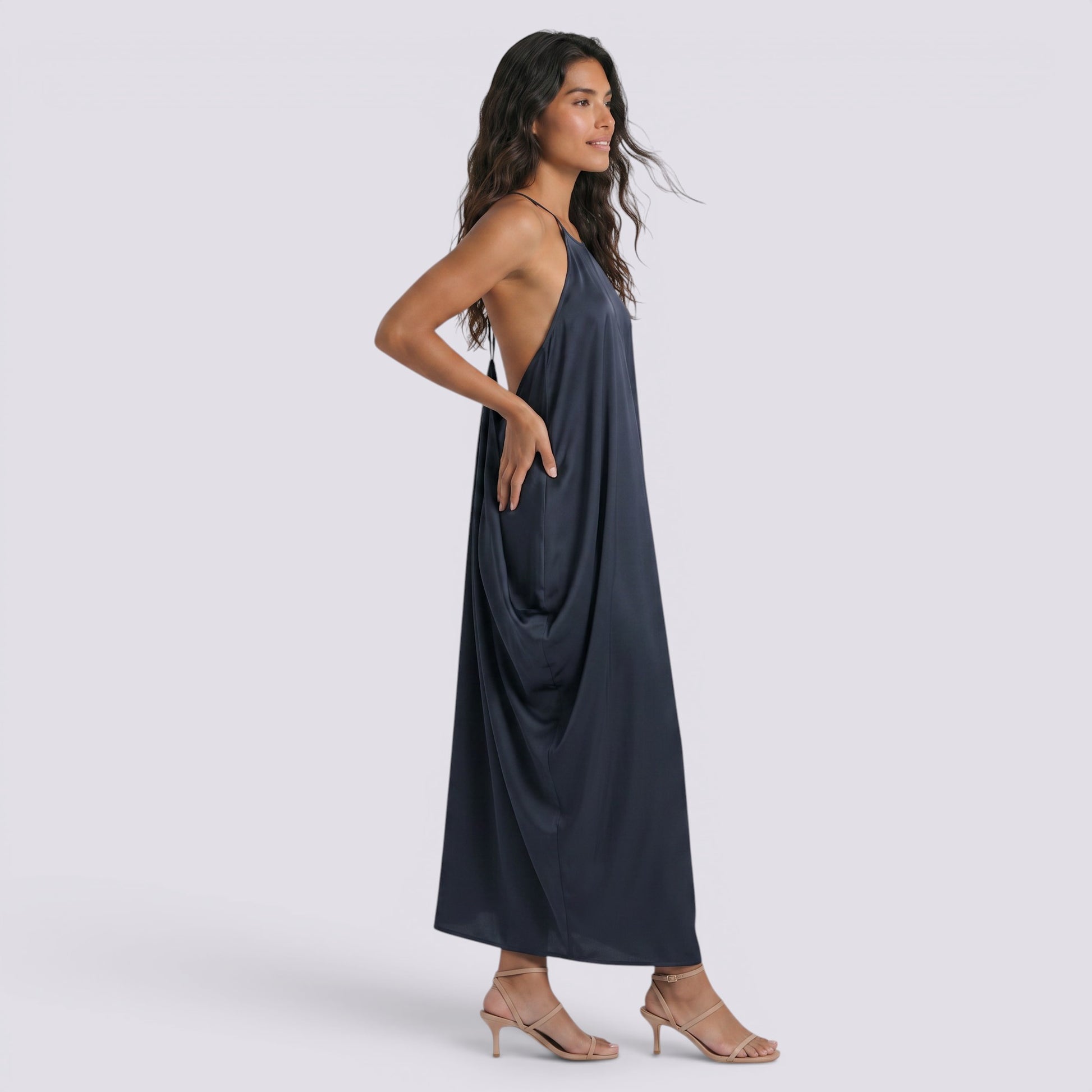 Vestido Halter Largo Mujer Maxi Satinado Elegante