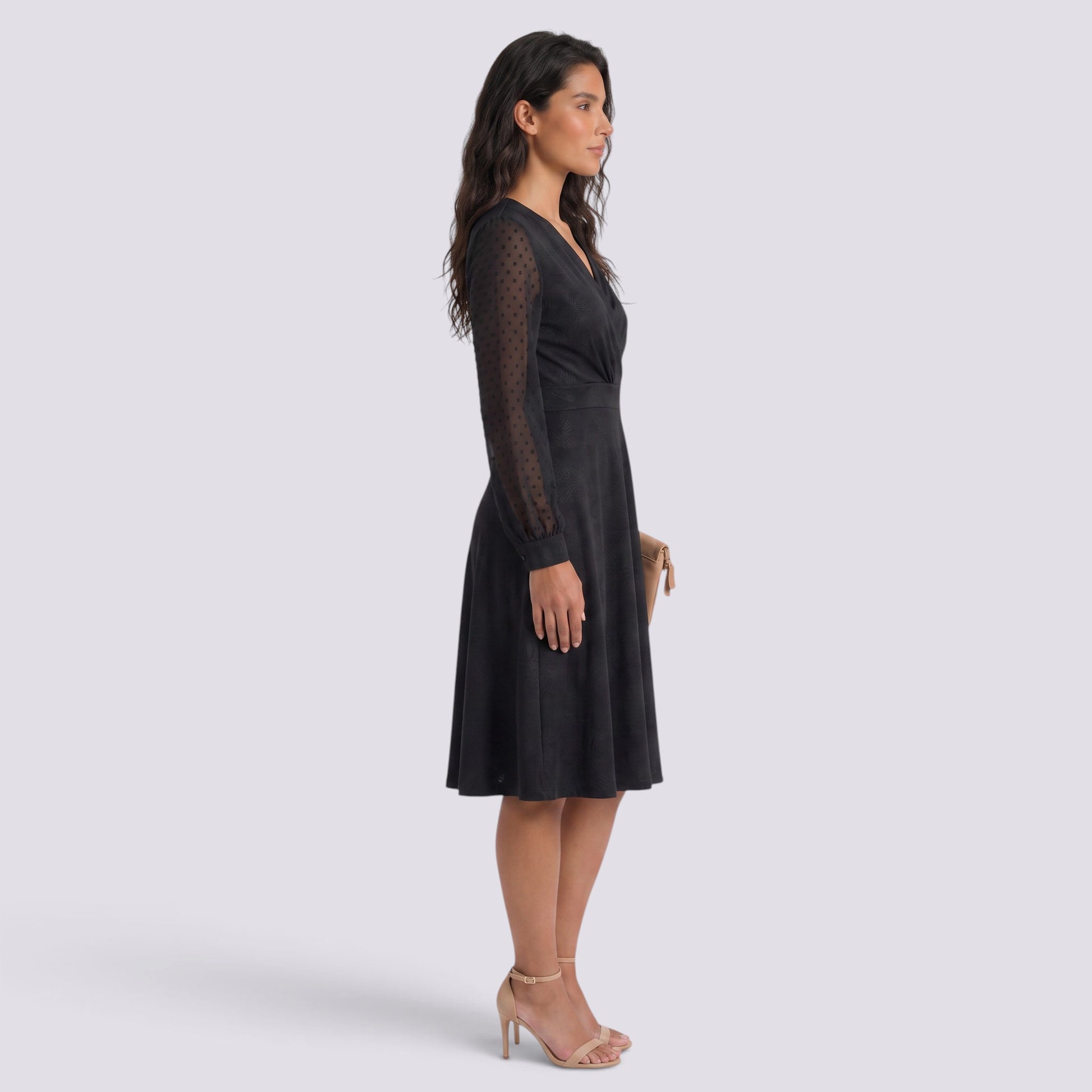 Vestido Mujer Manga Larga Elegante Cuello Pico Jacquard