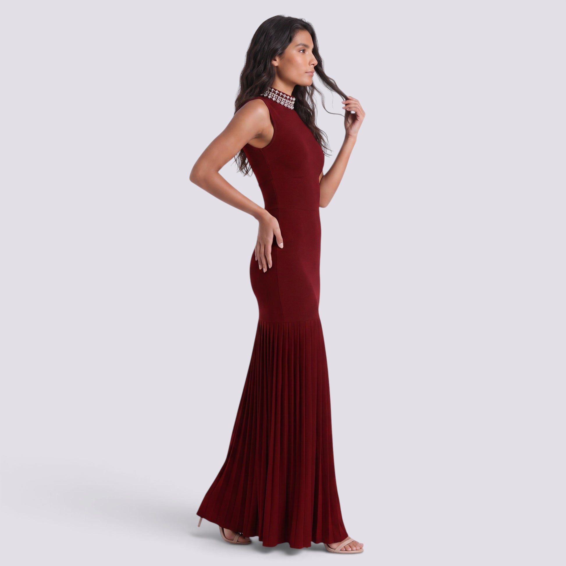 Vestido Largo Fiesta Pedrería Cuello Alto