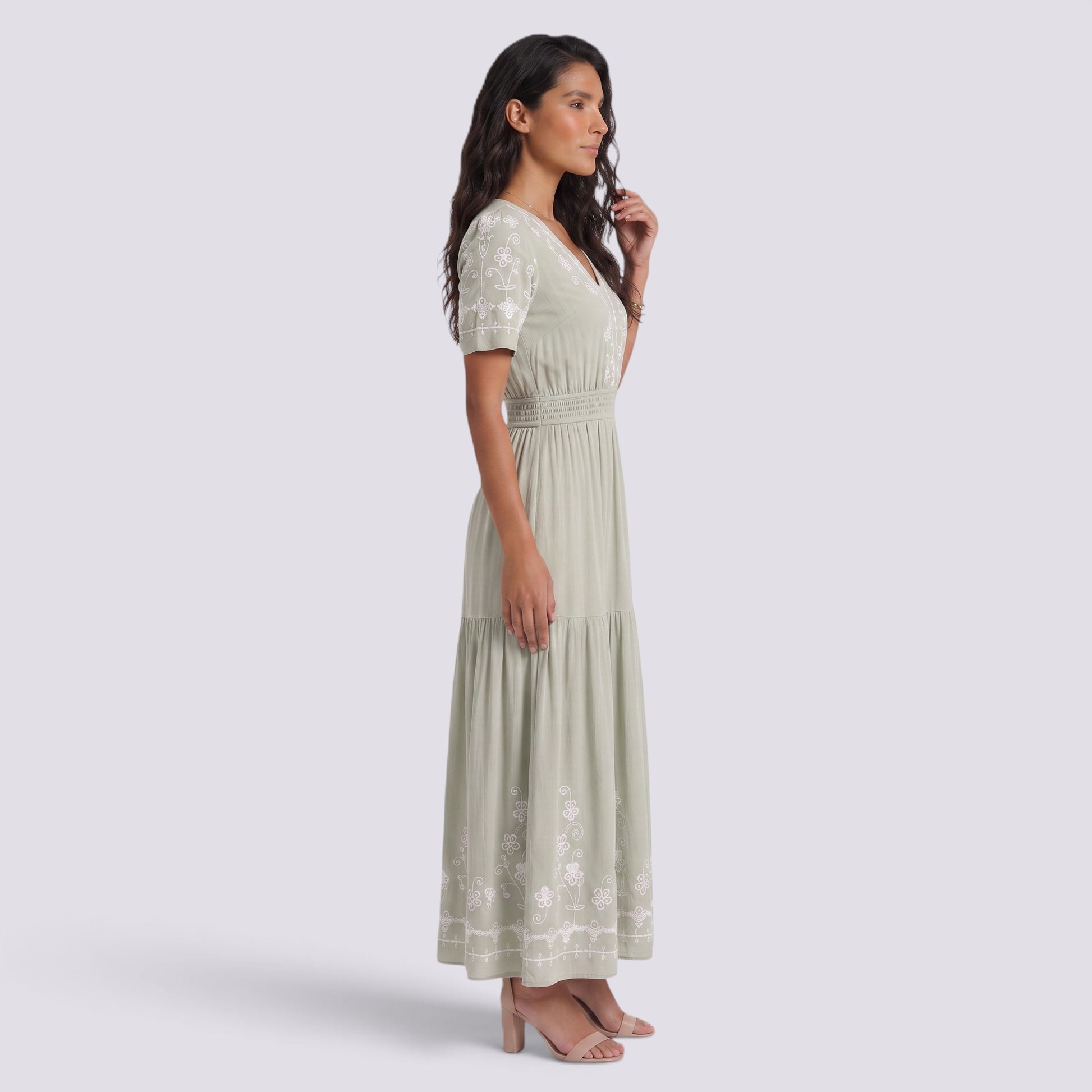 Vestido Midi Boho Bordado Mujer Escote Pico
