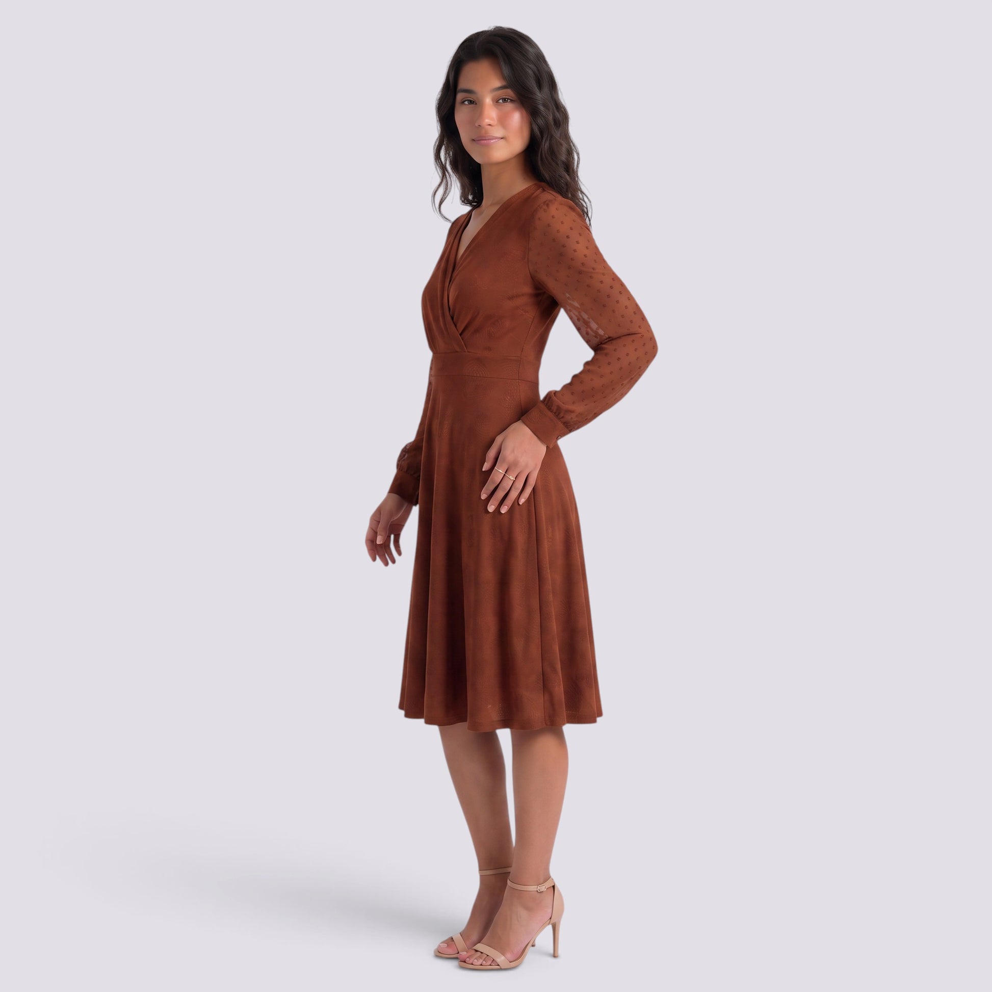 Vestido Mujer Manga Larga Elegante Cuello Pico Jacquard