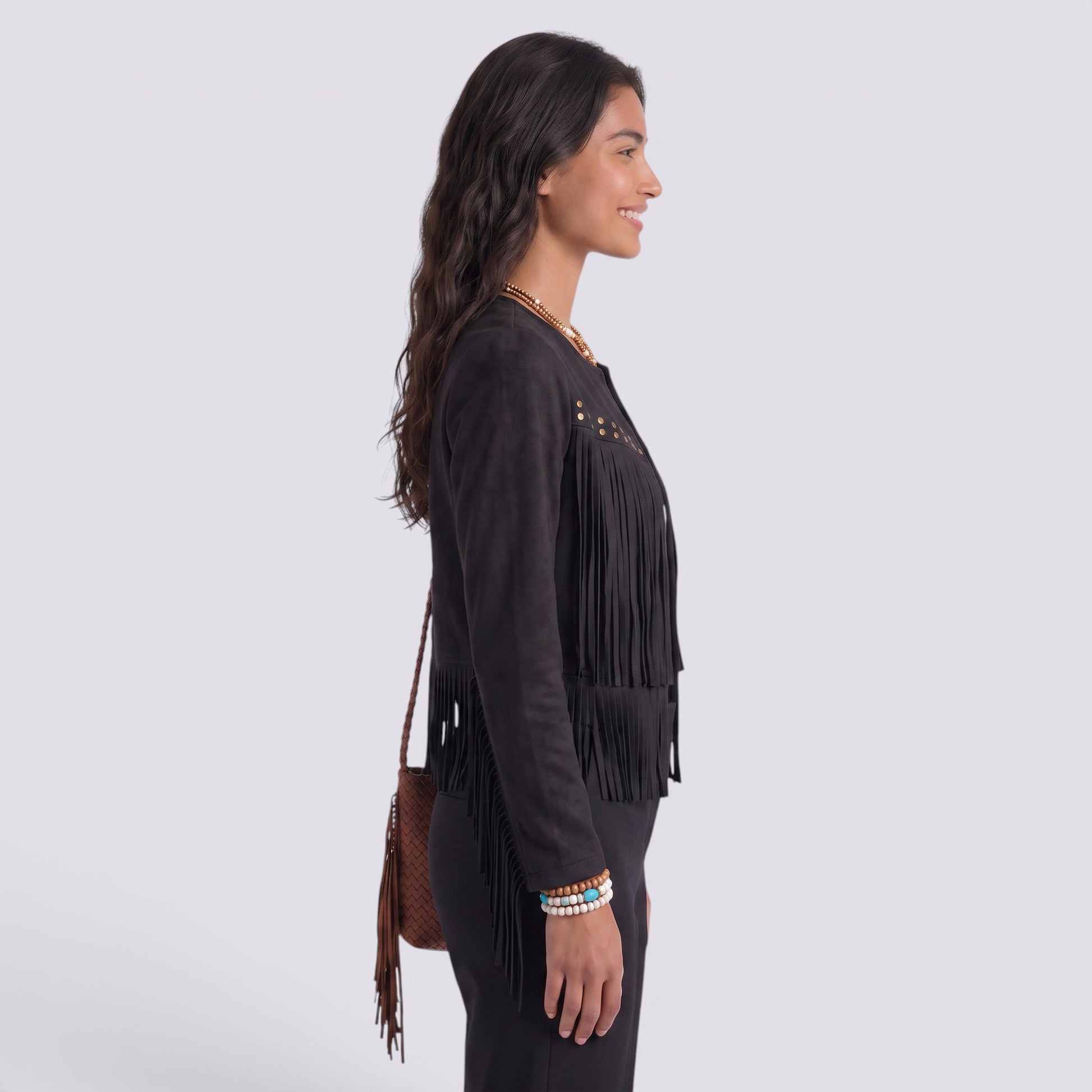 Chaqueta Mujer Corto de Flecos y Tachuelas