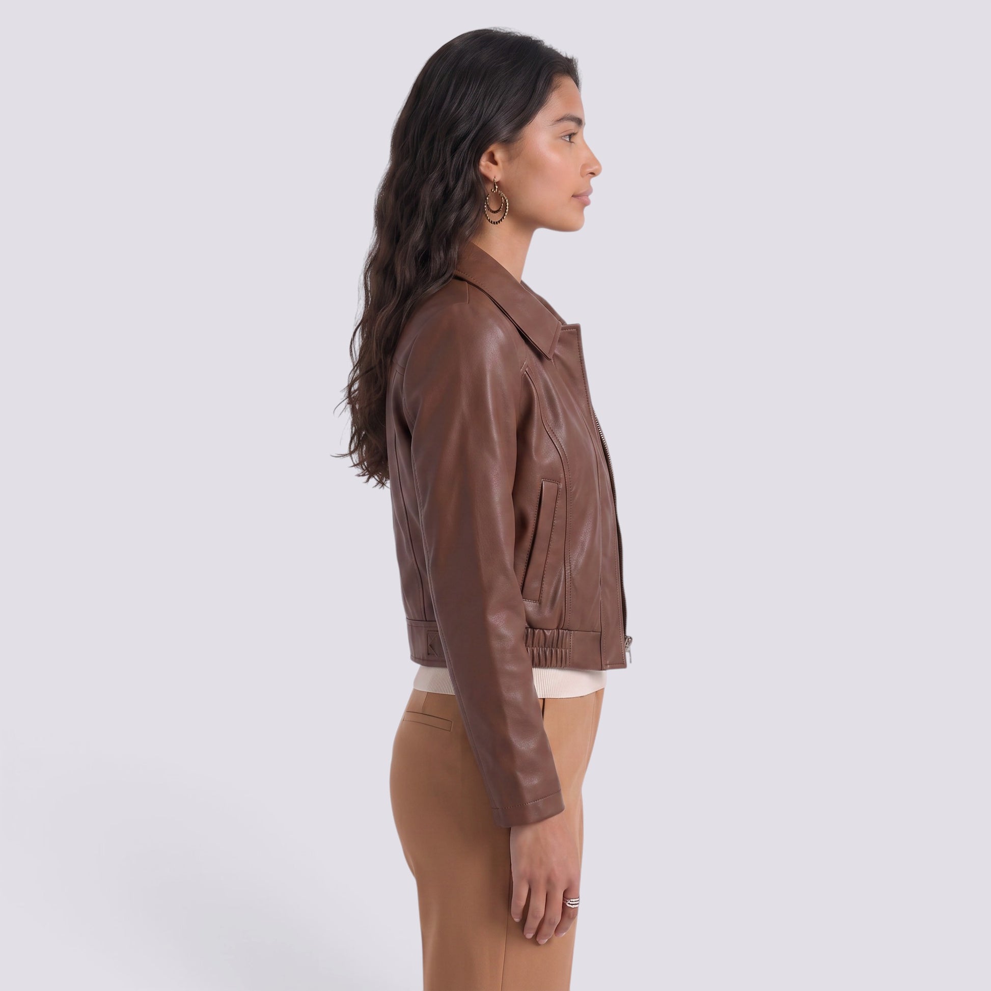 Chaqueta Mujer Corta Efecto Piel Motera Estilo