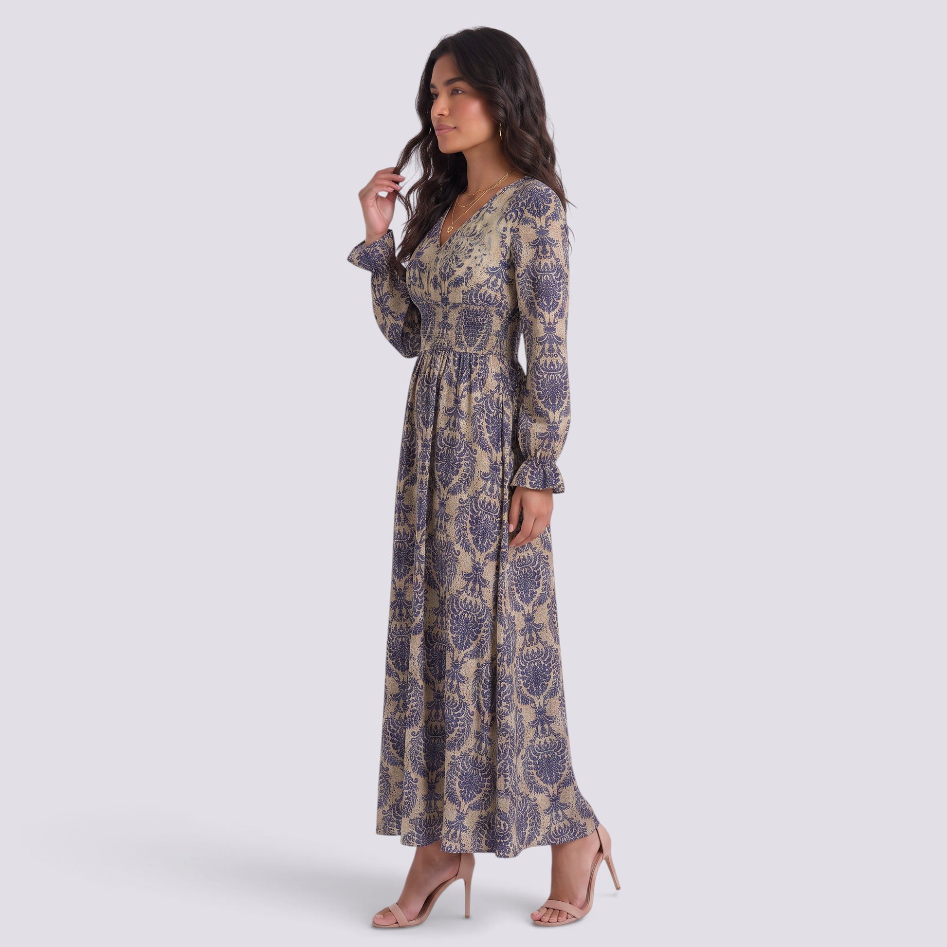 Vestido Estampado Mujer Manga Larga Escote V