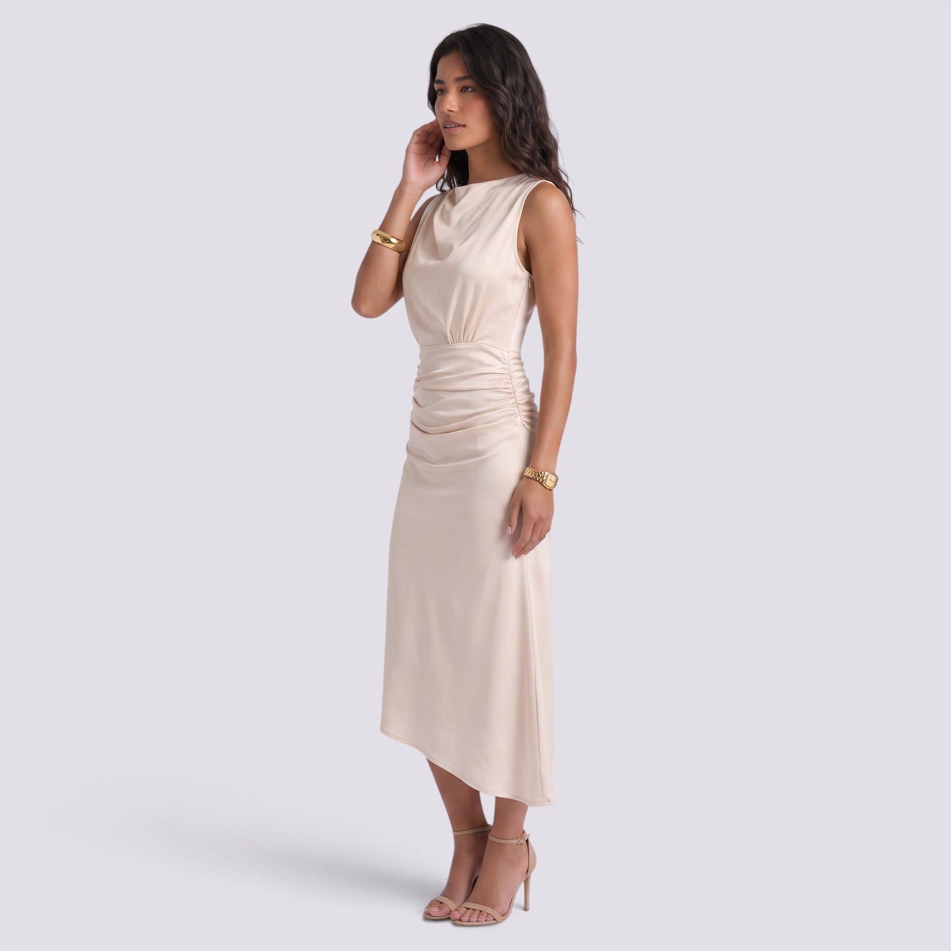 Vestido Ajustado Mujer con Fruncido Cuello Redondo