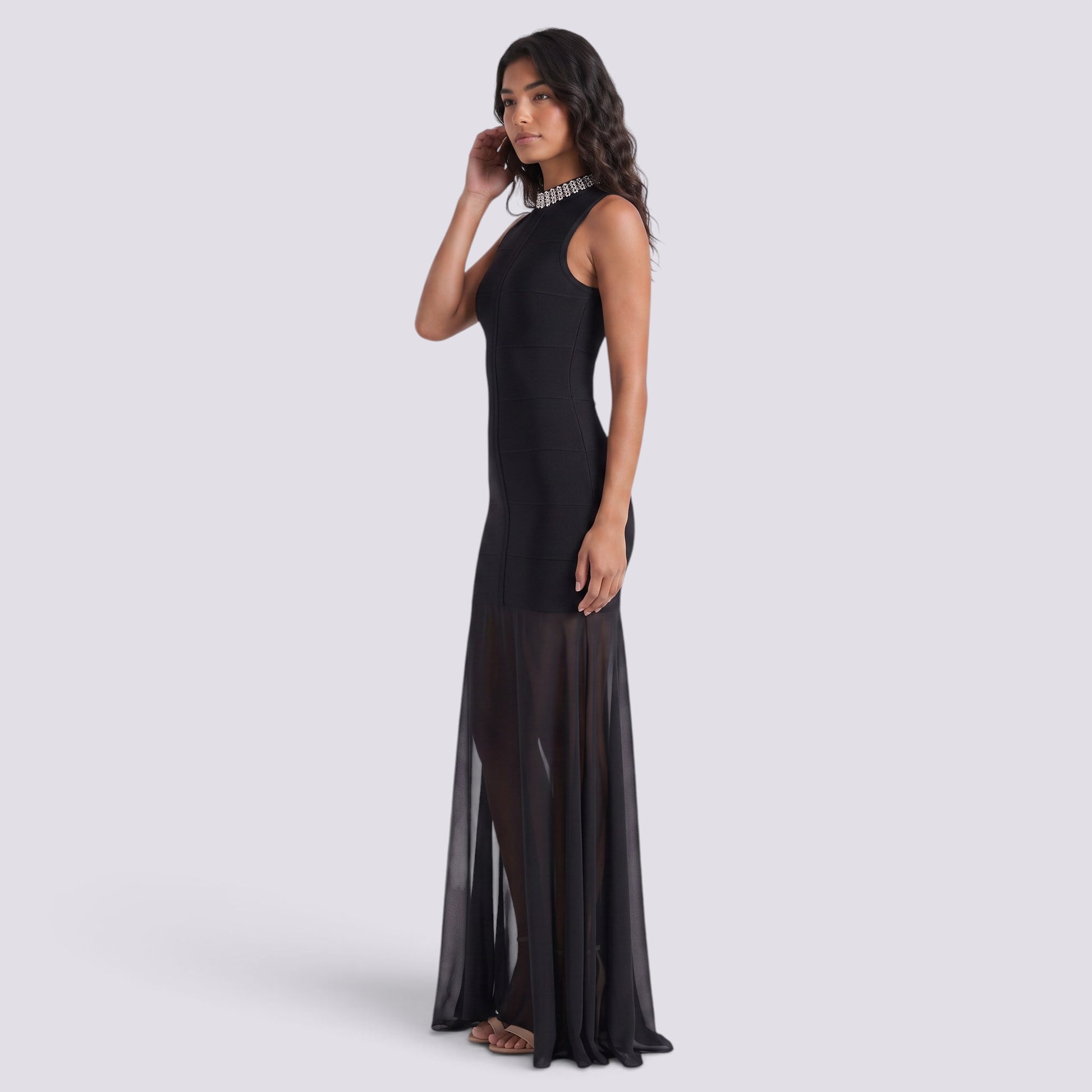 Vestido Largo Fiesta Pedrería Cuello Alto
