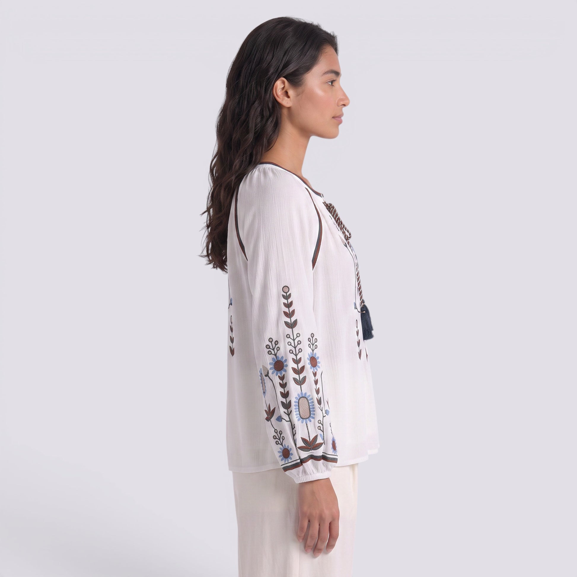 Camisa Mujer Manga Bordada Estilo Boho Abullonada