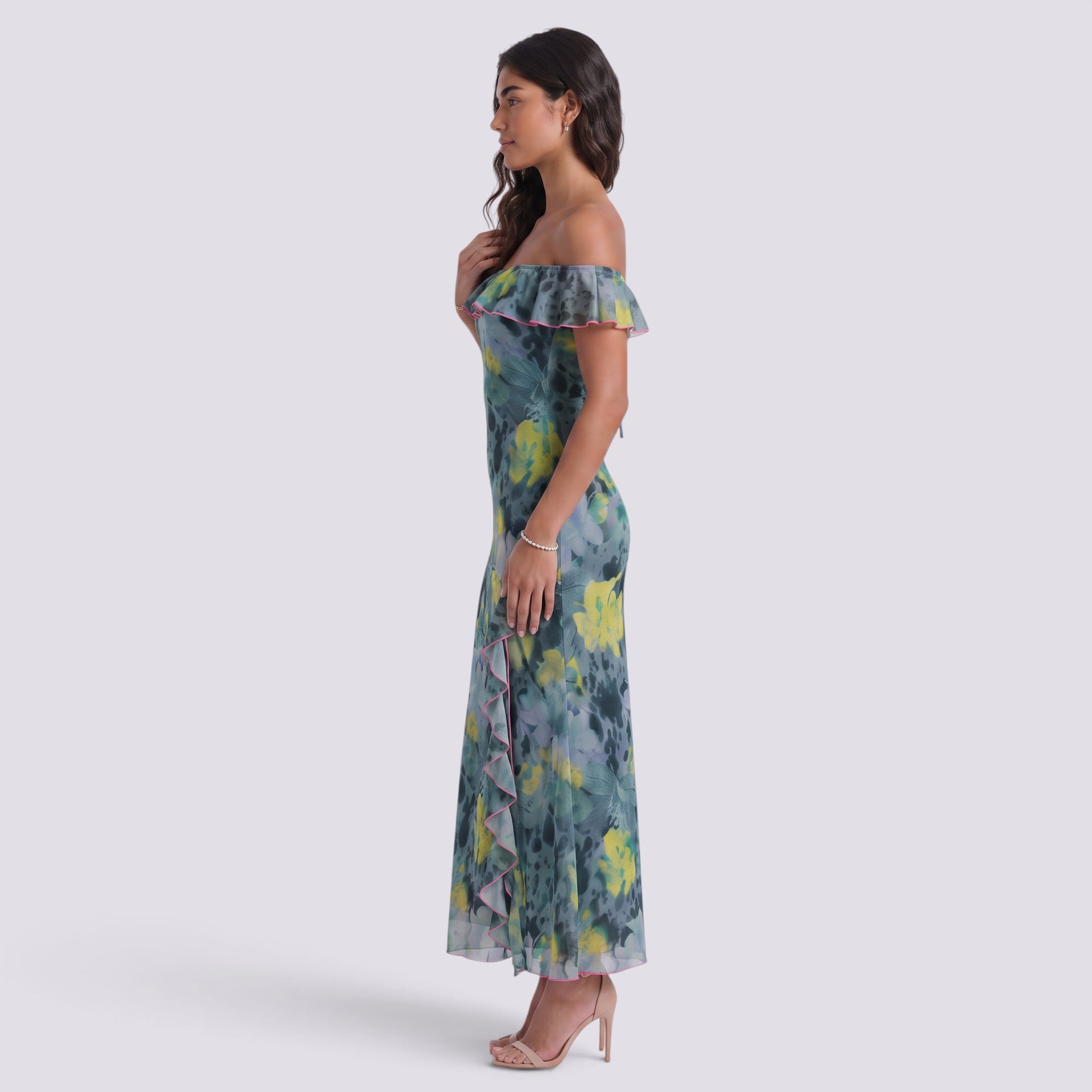Vestido Estampado de Fiesta Palabra de Honor Cordones