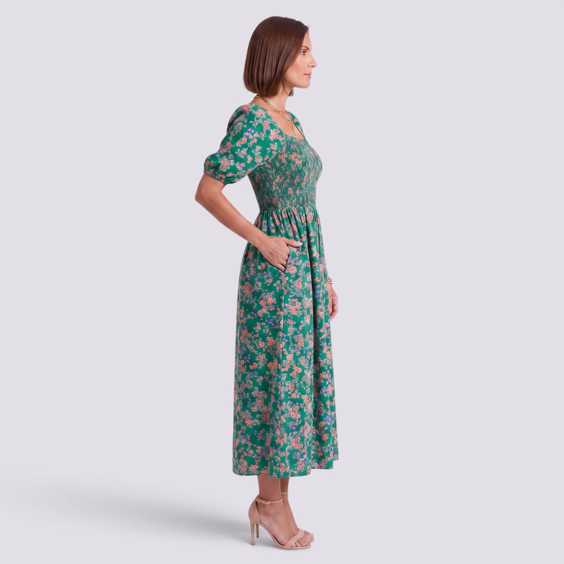 Vestido Floral Mujer Elegante Manga Corta Talle Alto