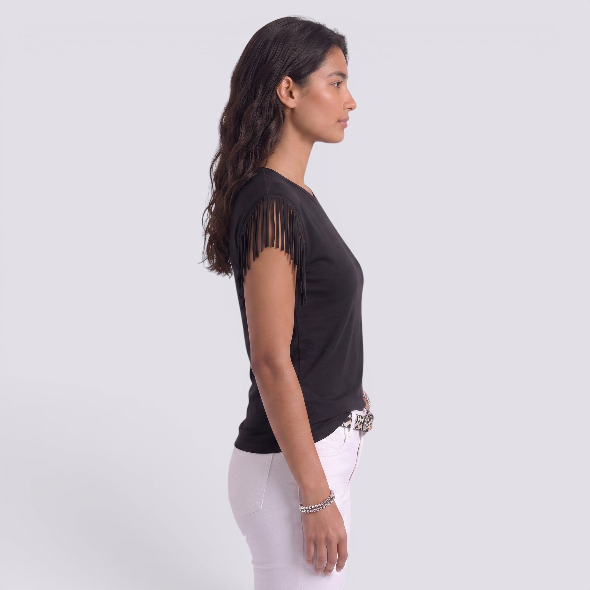 Camiseta Mujer Manga Corta Puños Borlas Camiseta con Flecos