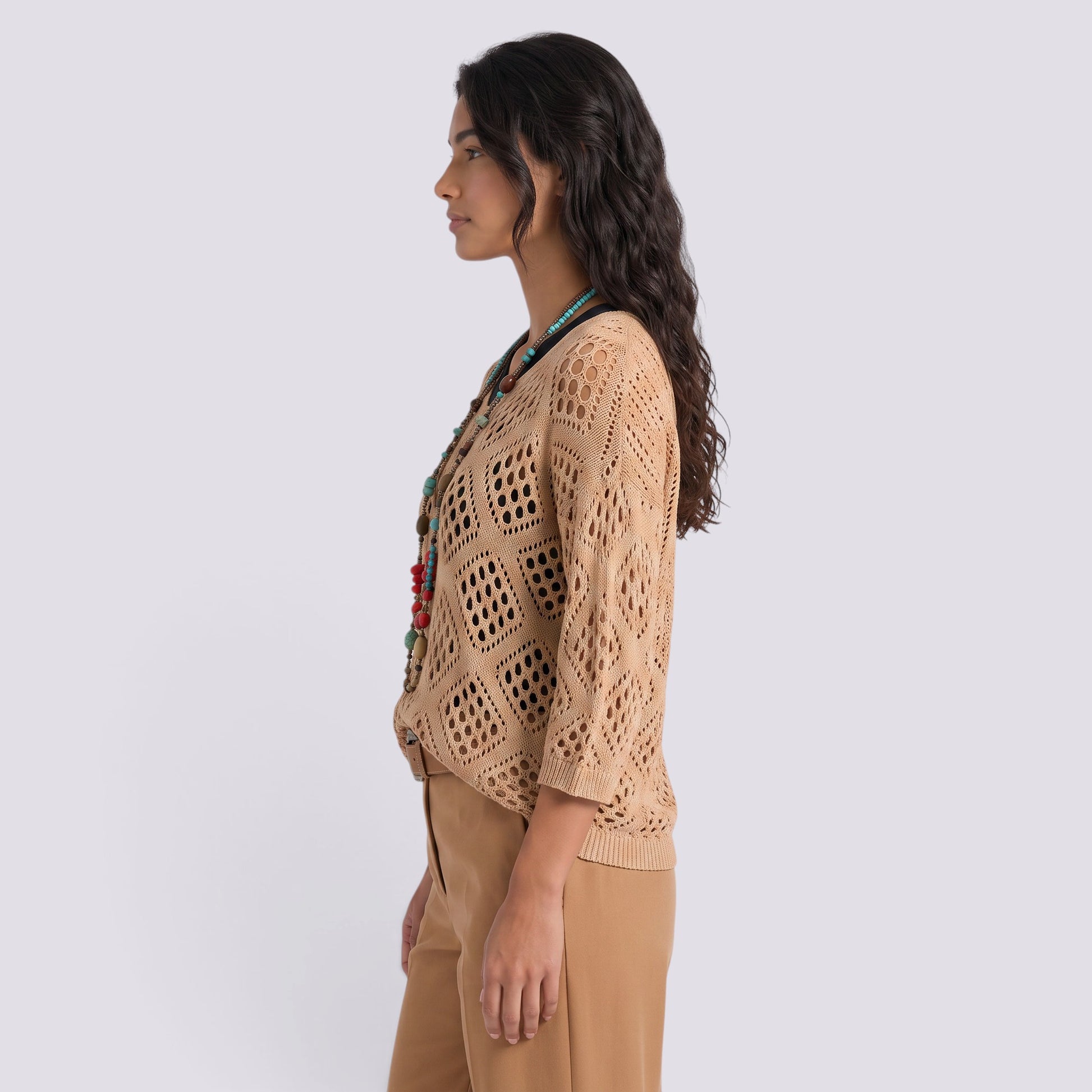 Blusa Mujer Punto Calado Manga Larga Elegante