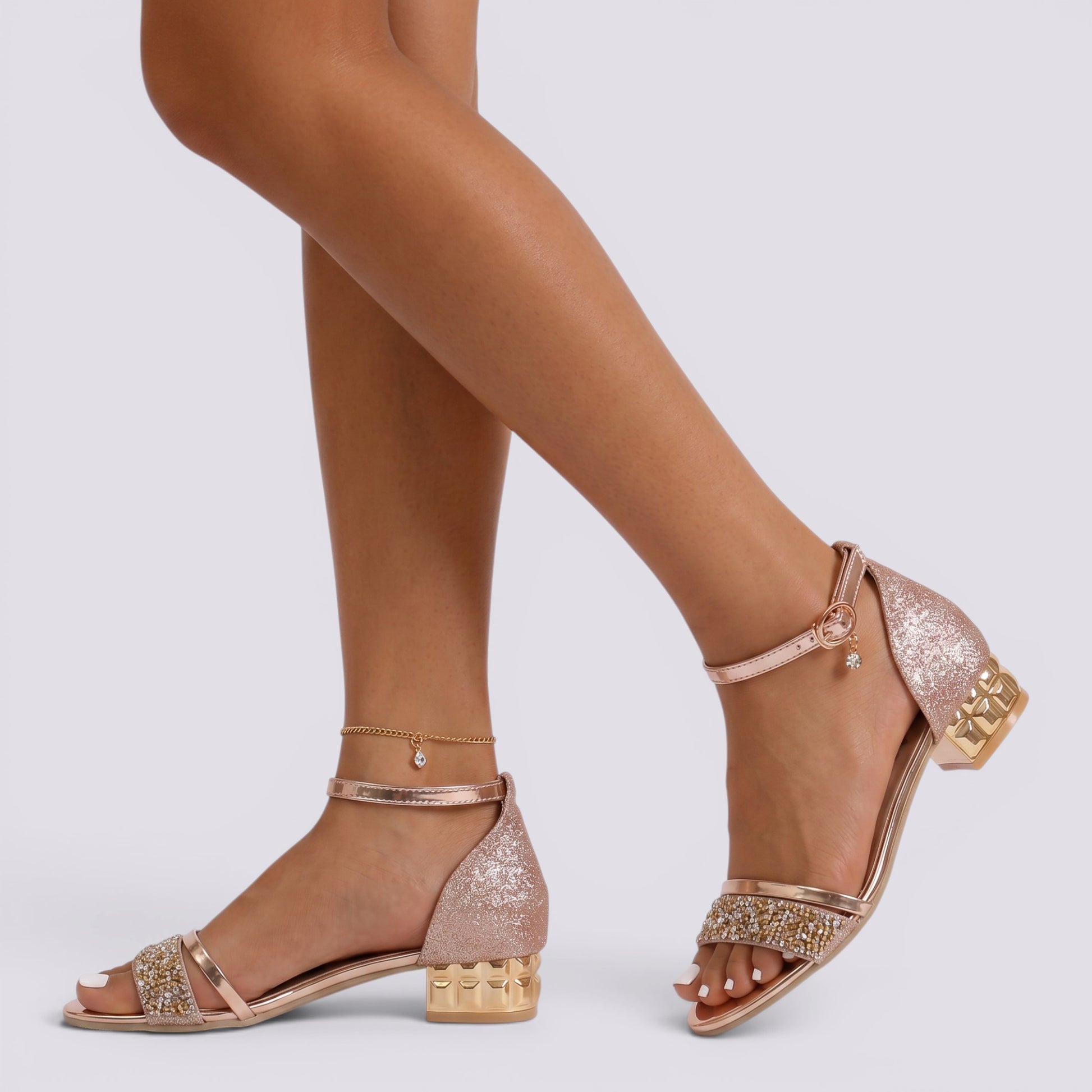 Sandalias Mujer Tacón Bajo Brillo Fiesta
