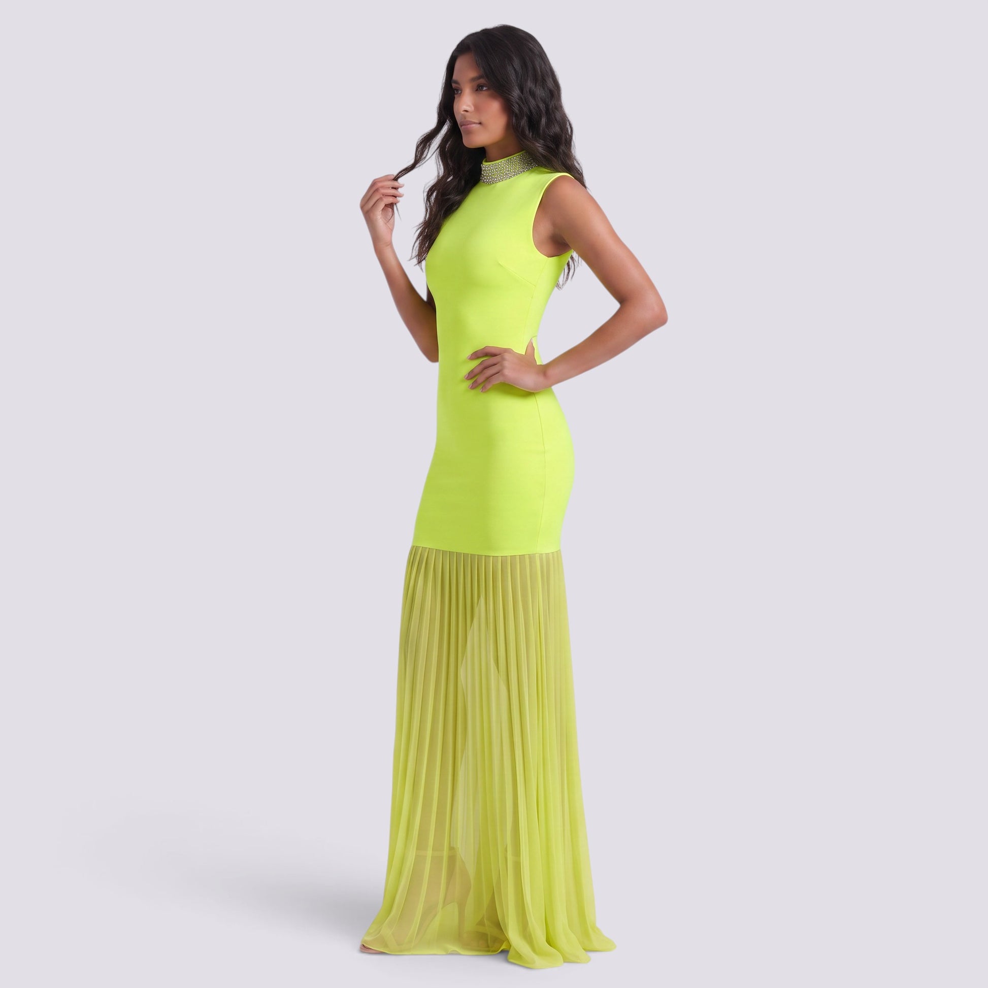 Vestido Largo Fiesta Pedrería Cuello Alto