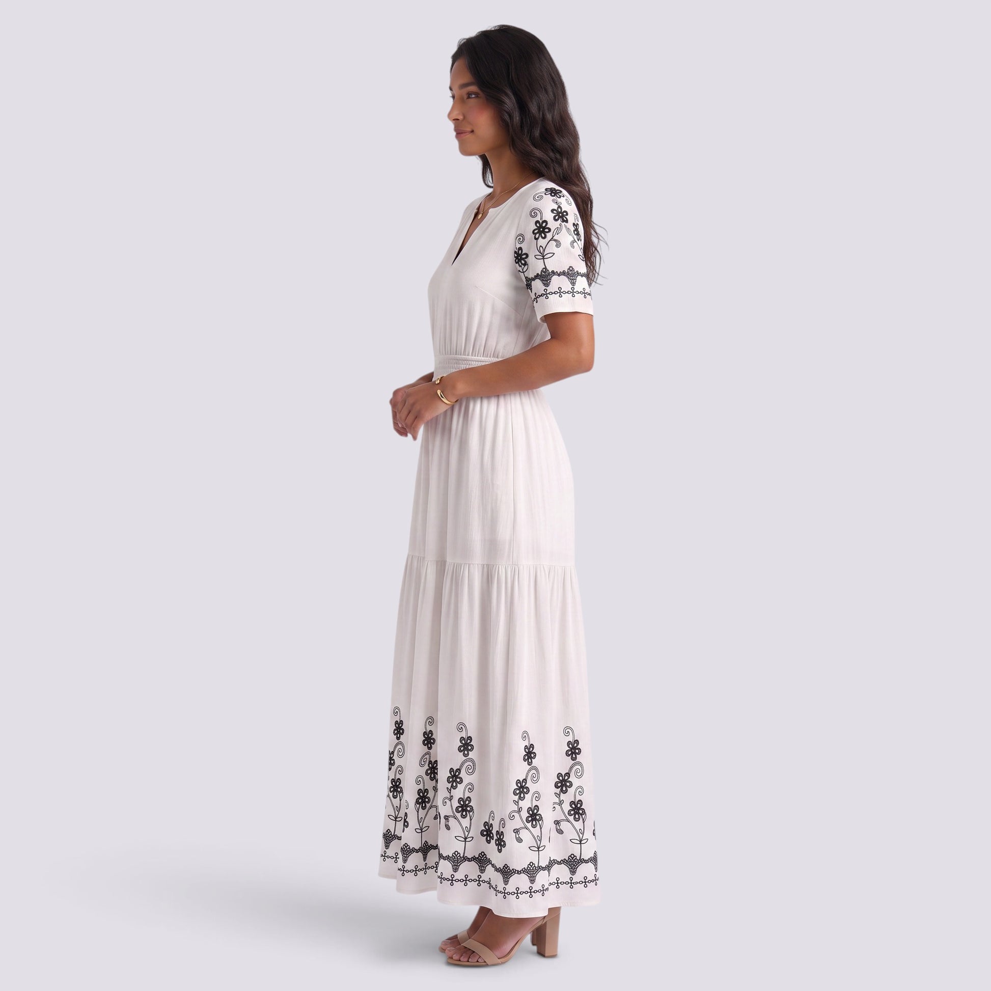 Vestido Midi Boho Bordado Mujer Escote Pico