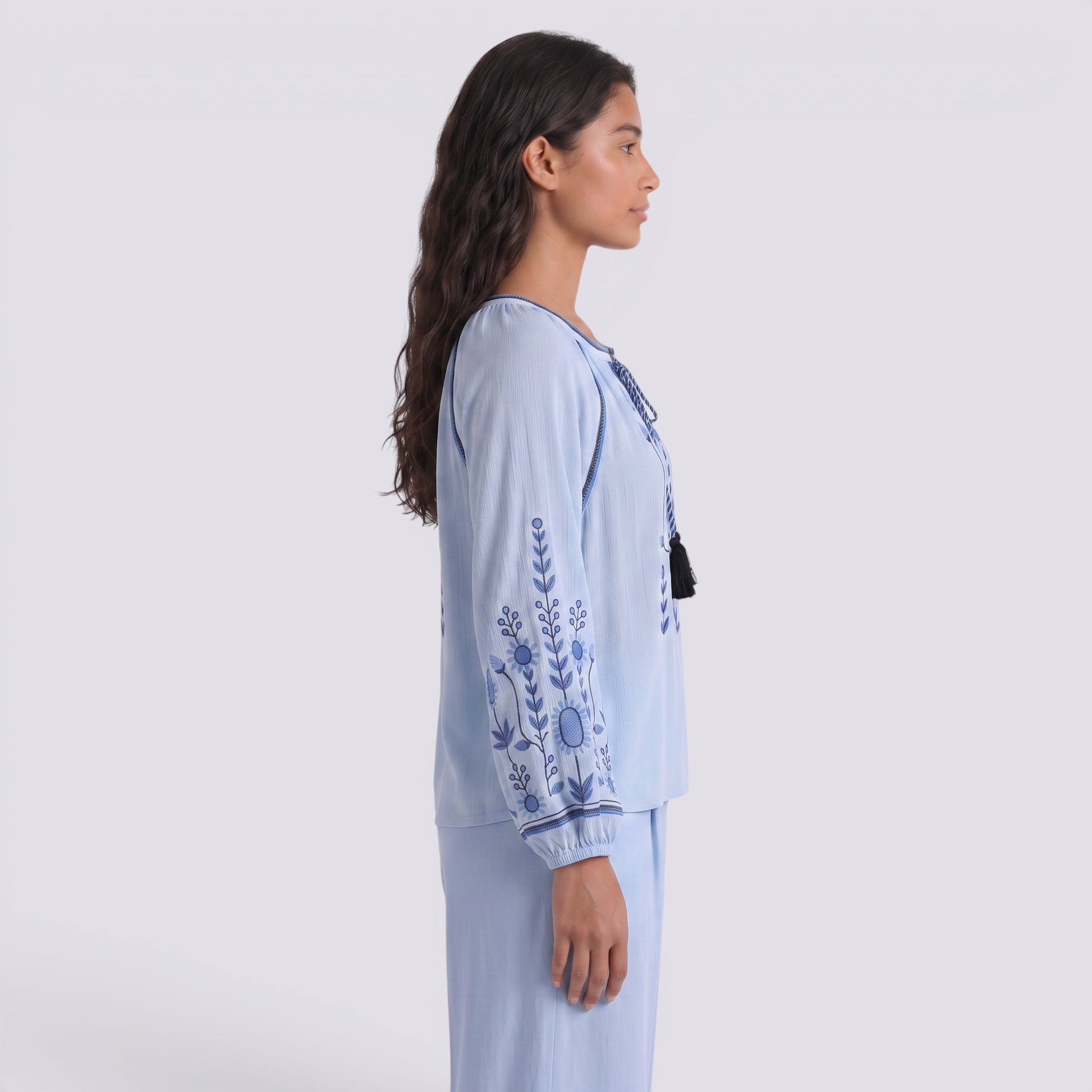 Camisa Mujer Manga Bordada Estilo Boho Abullonada