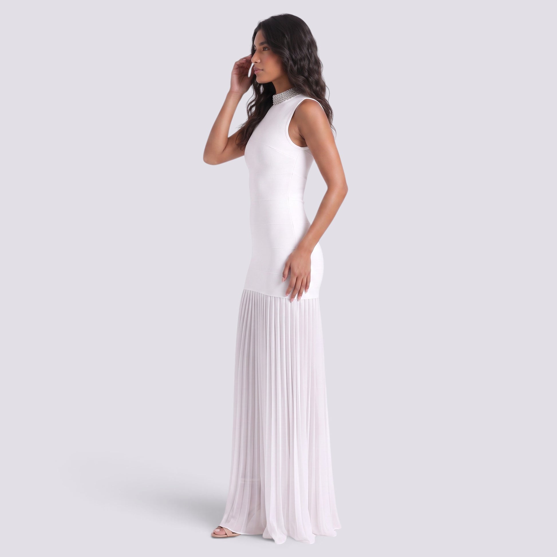 Vestido Largo Fiesta Pedrería Cuello Alto