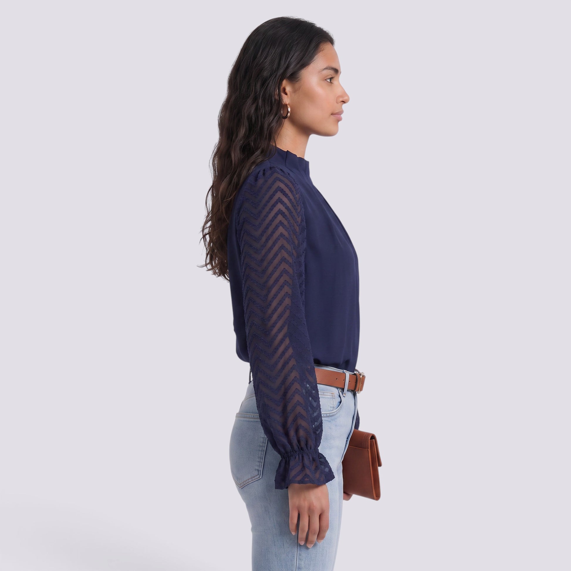 Blusa Mujer Cuello Alto Manga Larga Ondulada