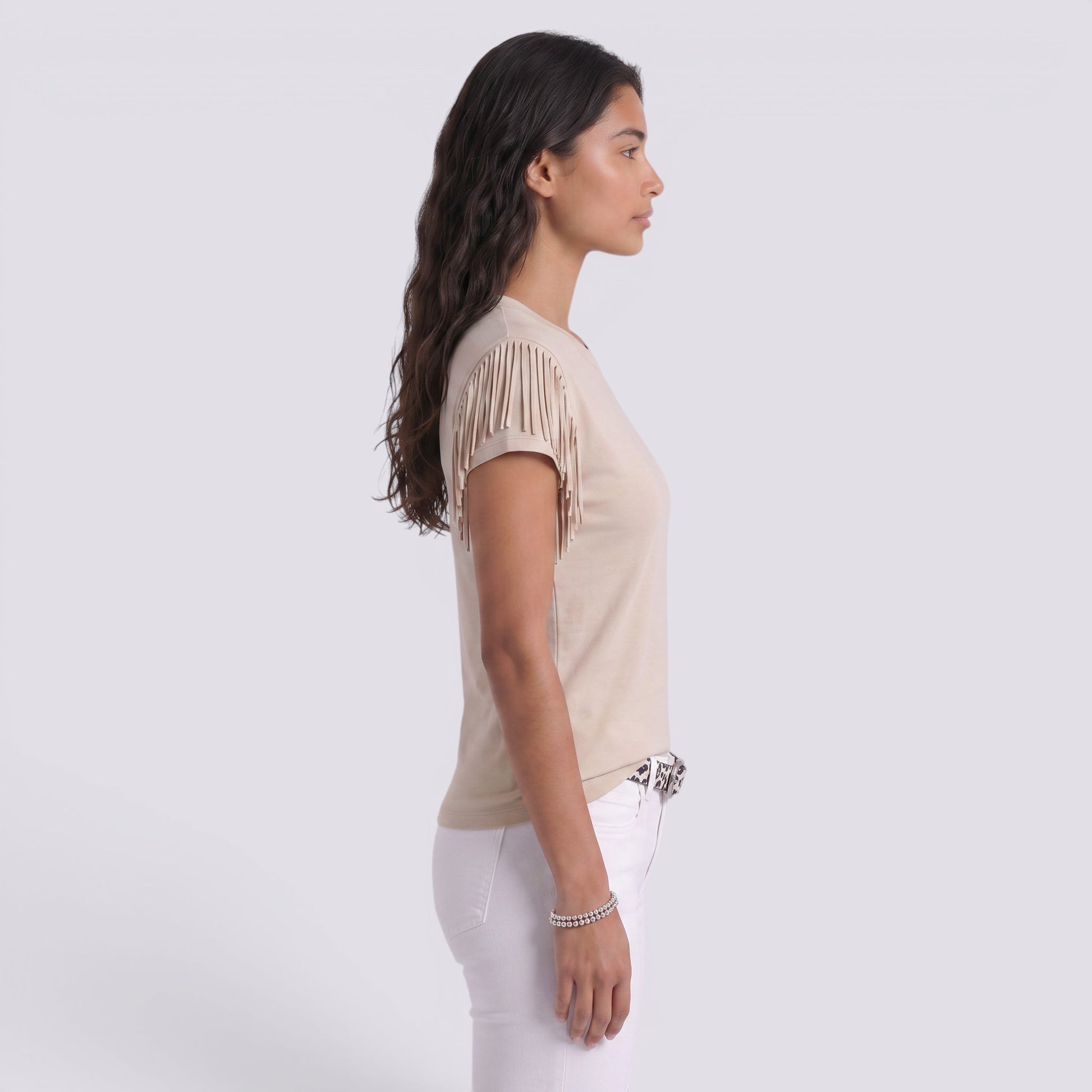 Camiseta Mujer Manga Corta Puños Borlas Camiseta con Flecos