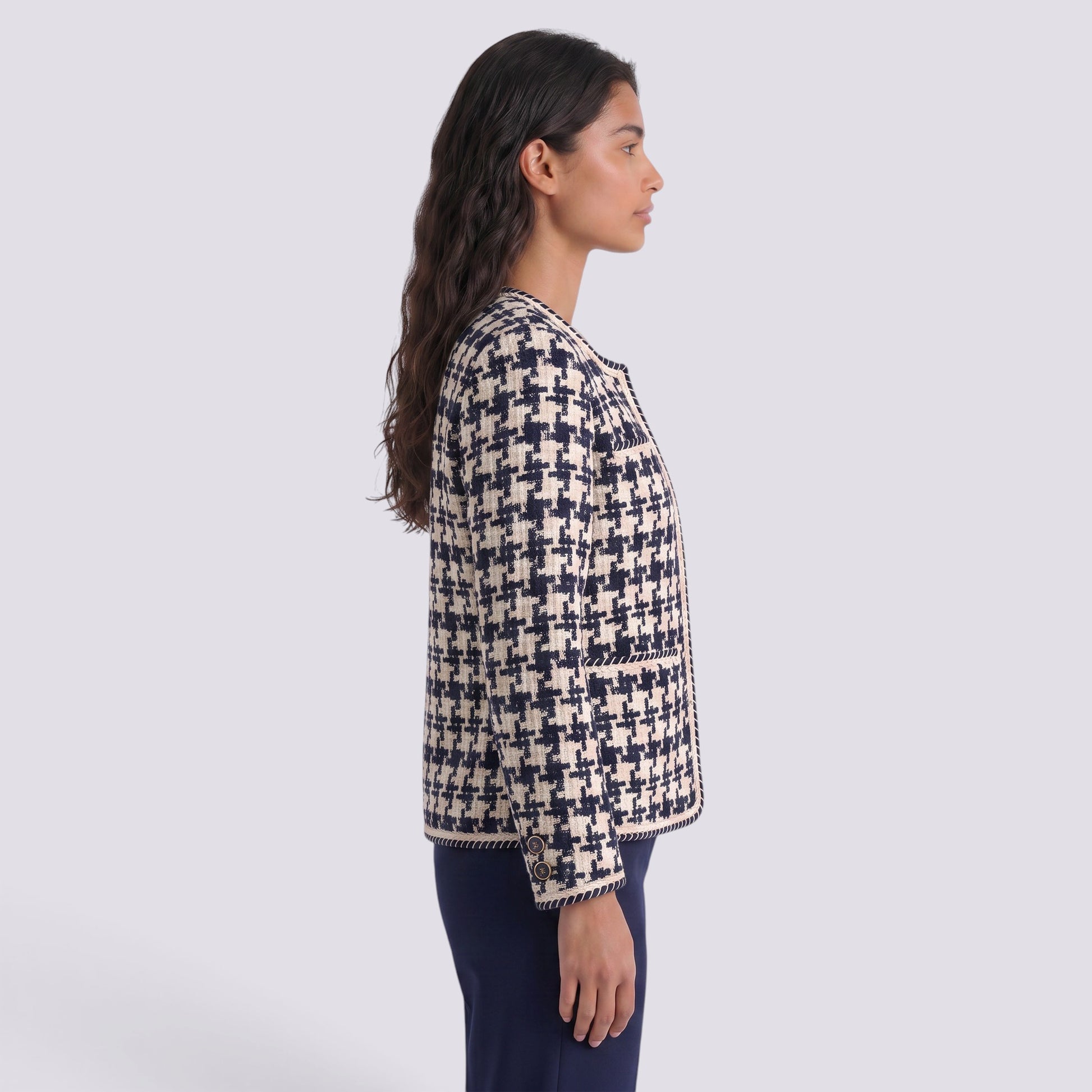 Chaqueta Mujer Pata de Gallo Corta Cuello Redondo