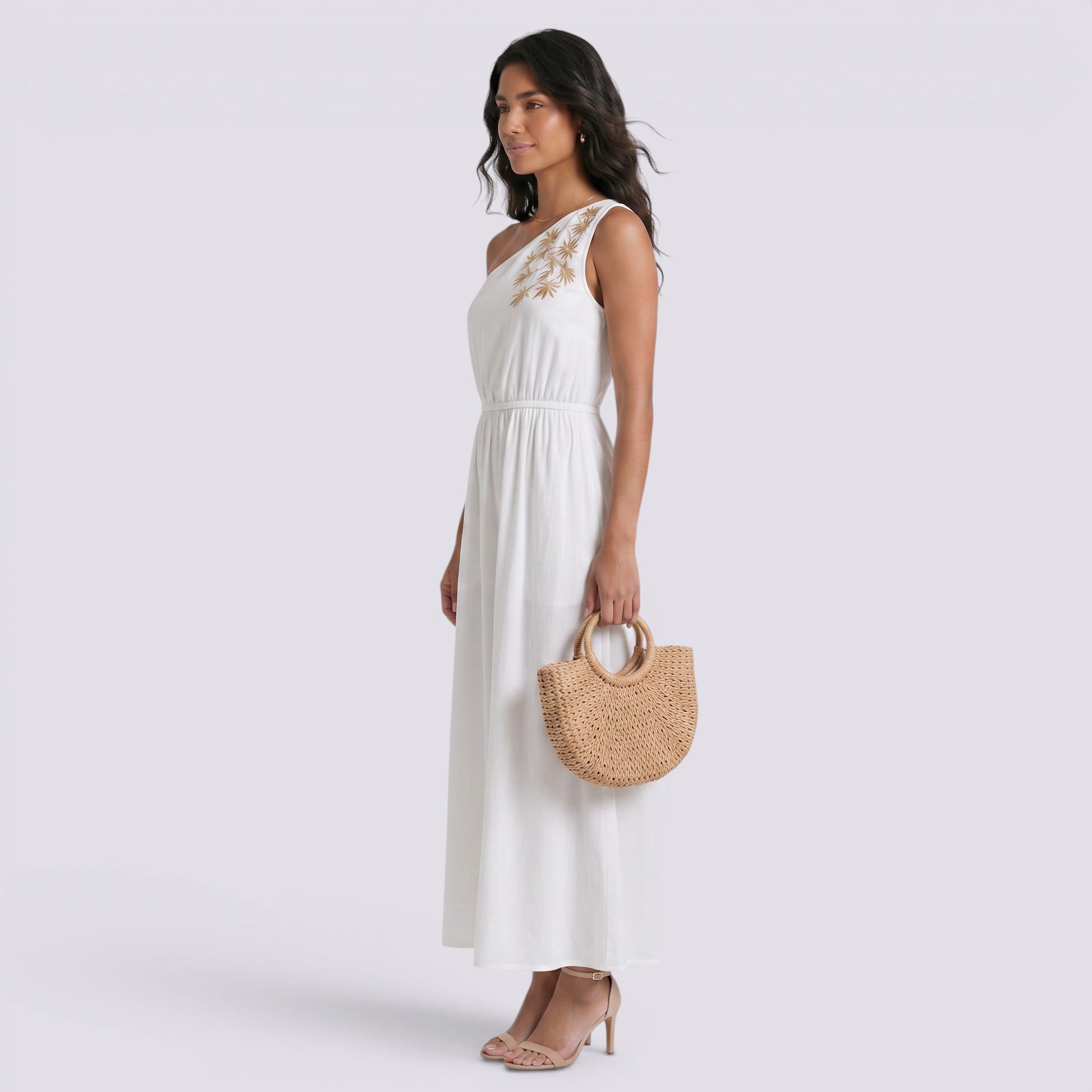 Vestido Largo Mujer de Fiesta Bordado Un Hombro