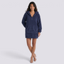 Sudadera borreguito de mujer con capucha y media cremallera color azul marino, vista frontal