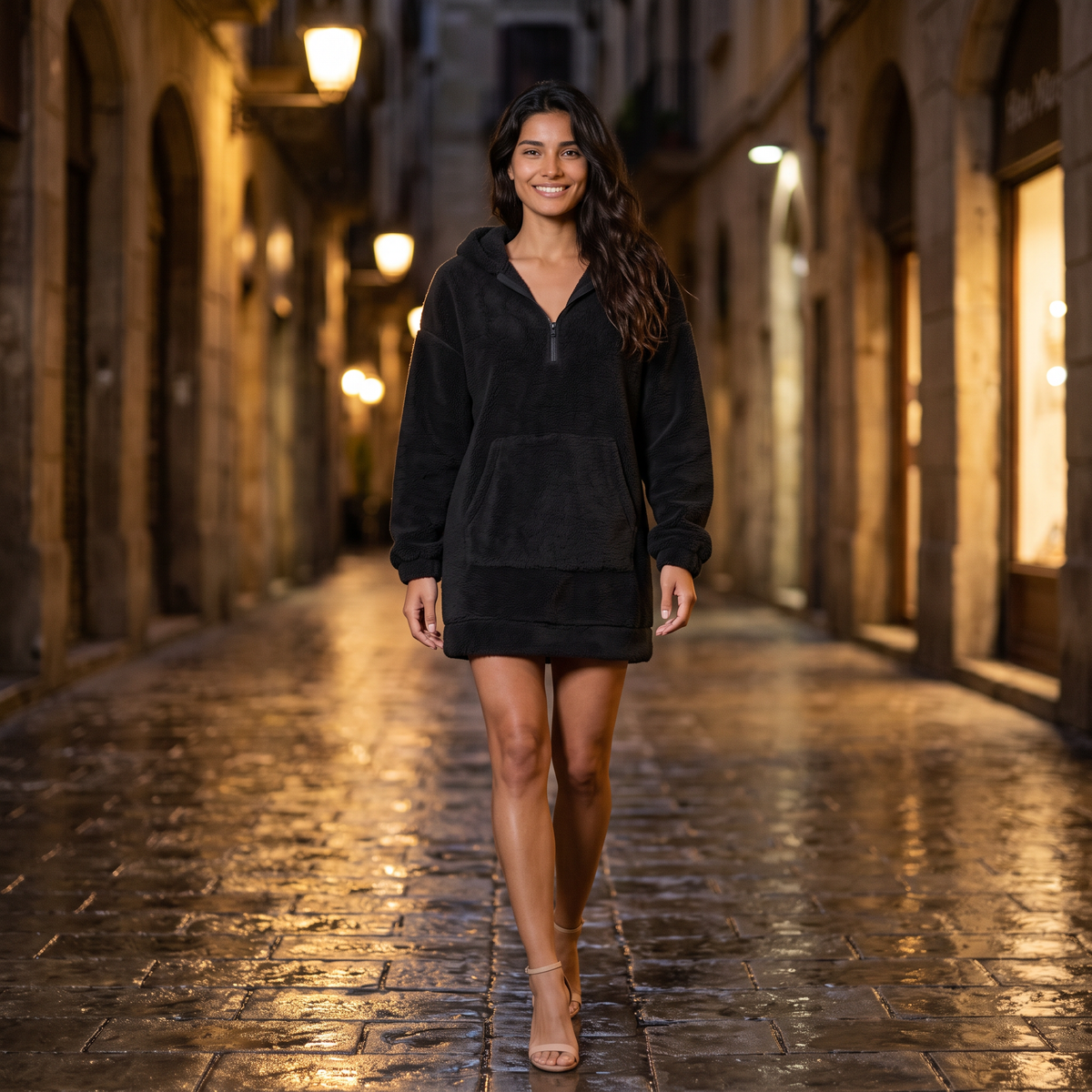 Sudadera borreguito de mujer con capucha y media cremallera color negro, look nocturno paseando por una calle empedrada del casco antiguo